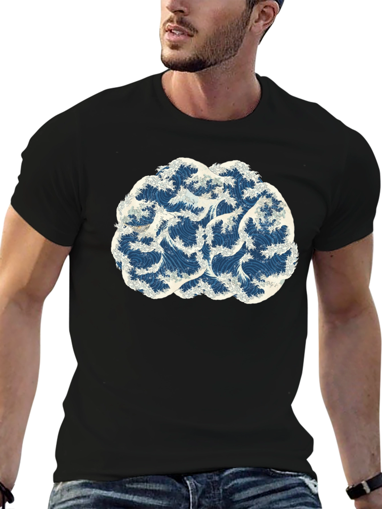 Wave Brain Black Tee - Artistic Mens T-Shirt