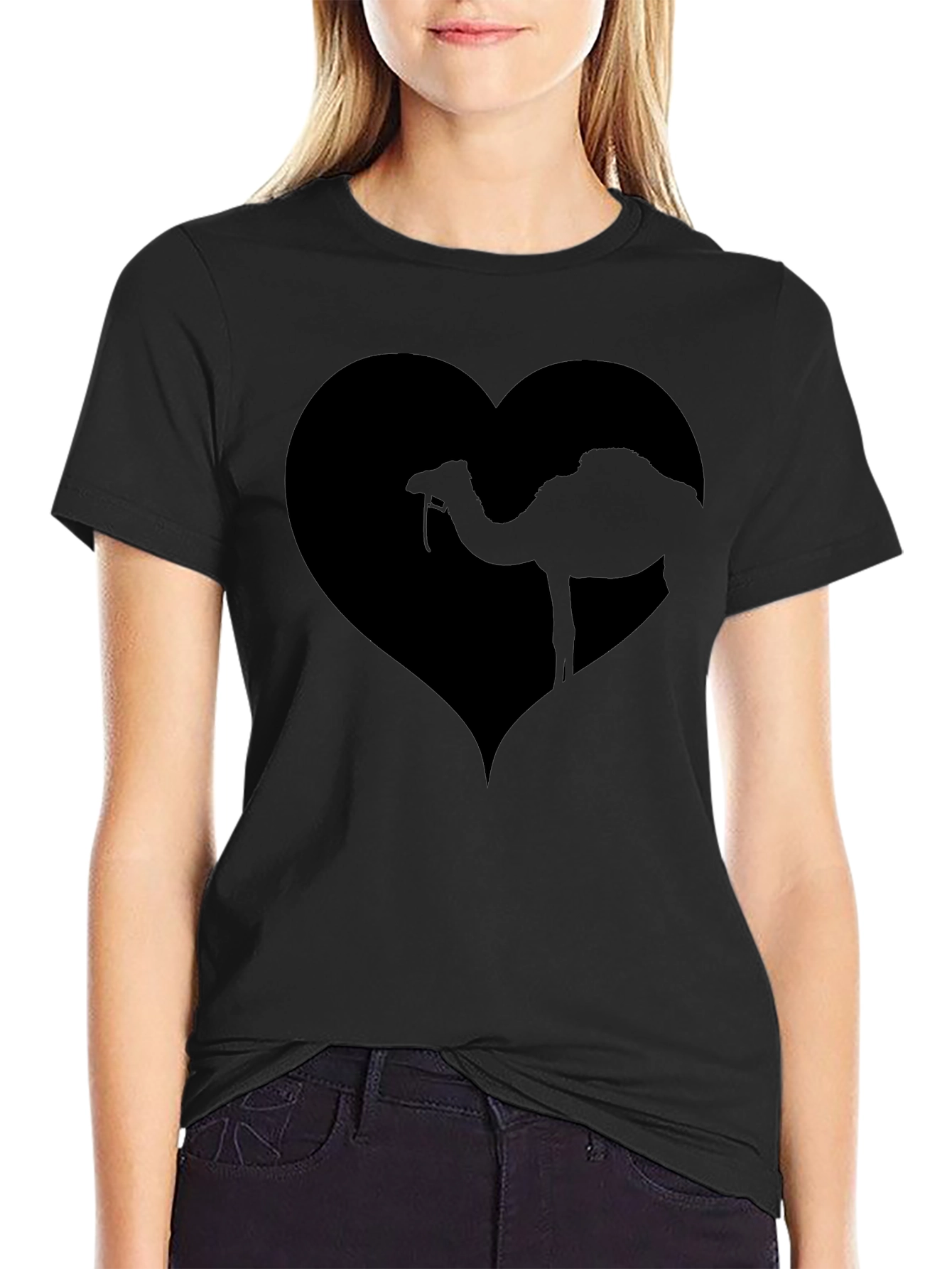 Camel Love Heart Graphic Tee - Black Casual T-Shirt