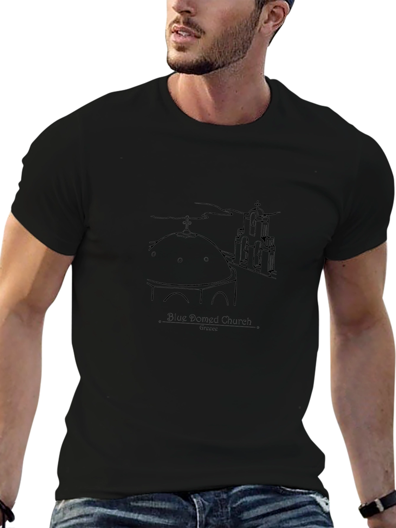 Blue Domed Church Santorini Greece Black T-Shirt