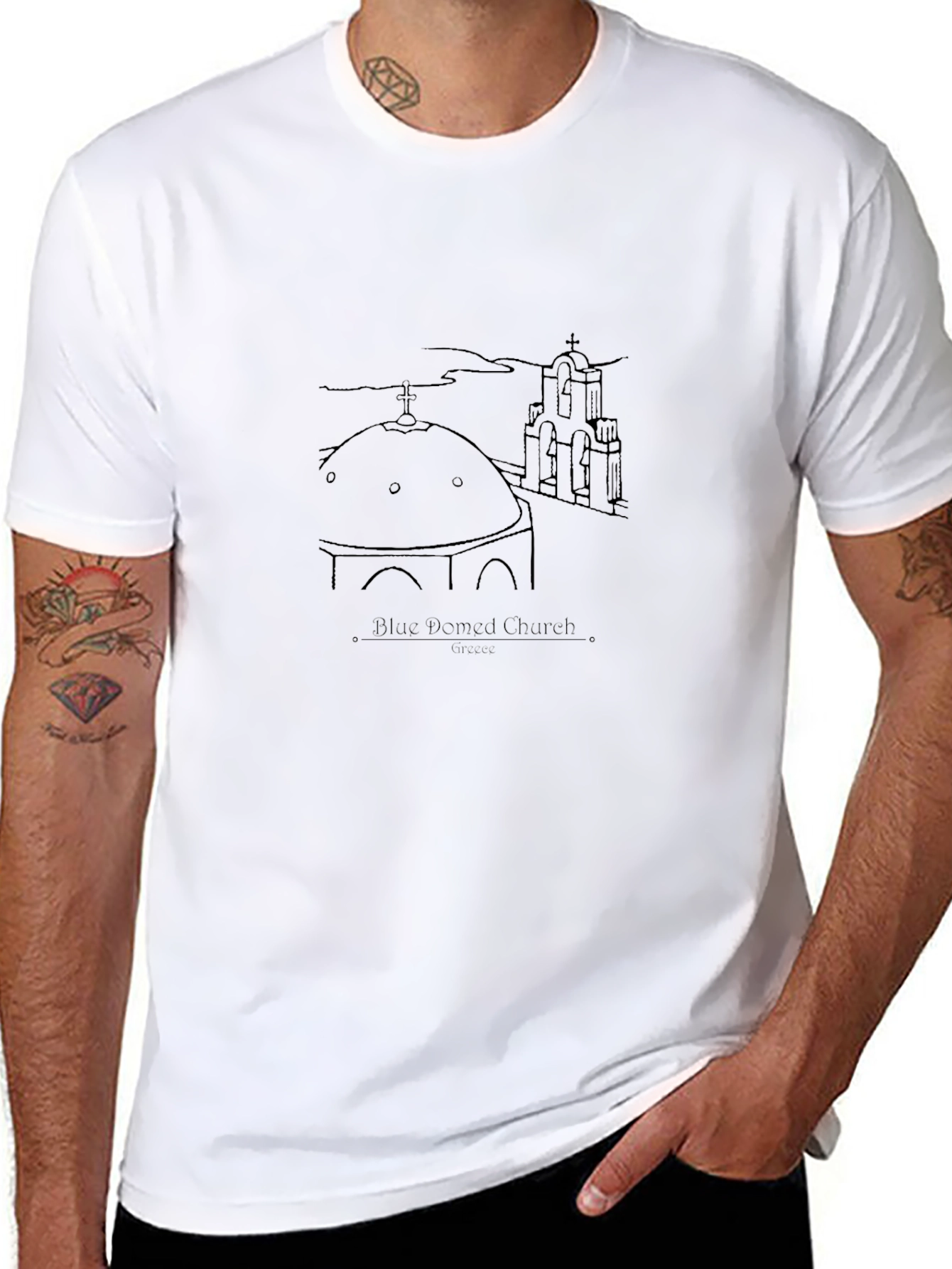 Blue Domed Church Santorini Greece Black T-Shirt