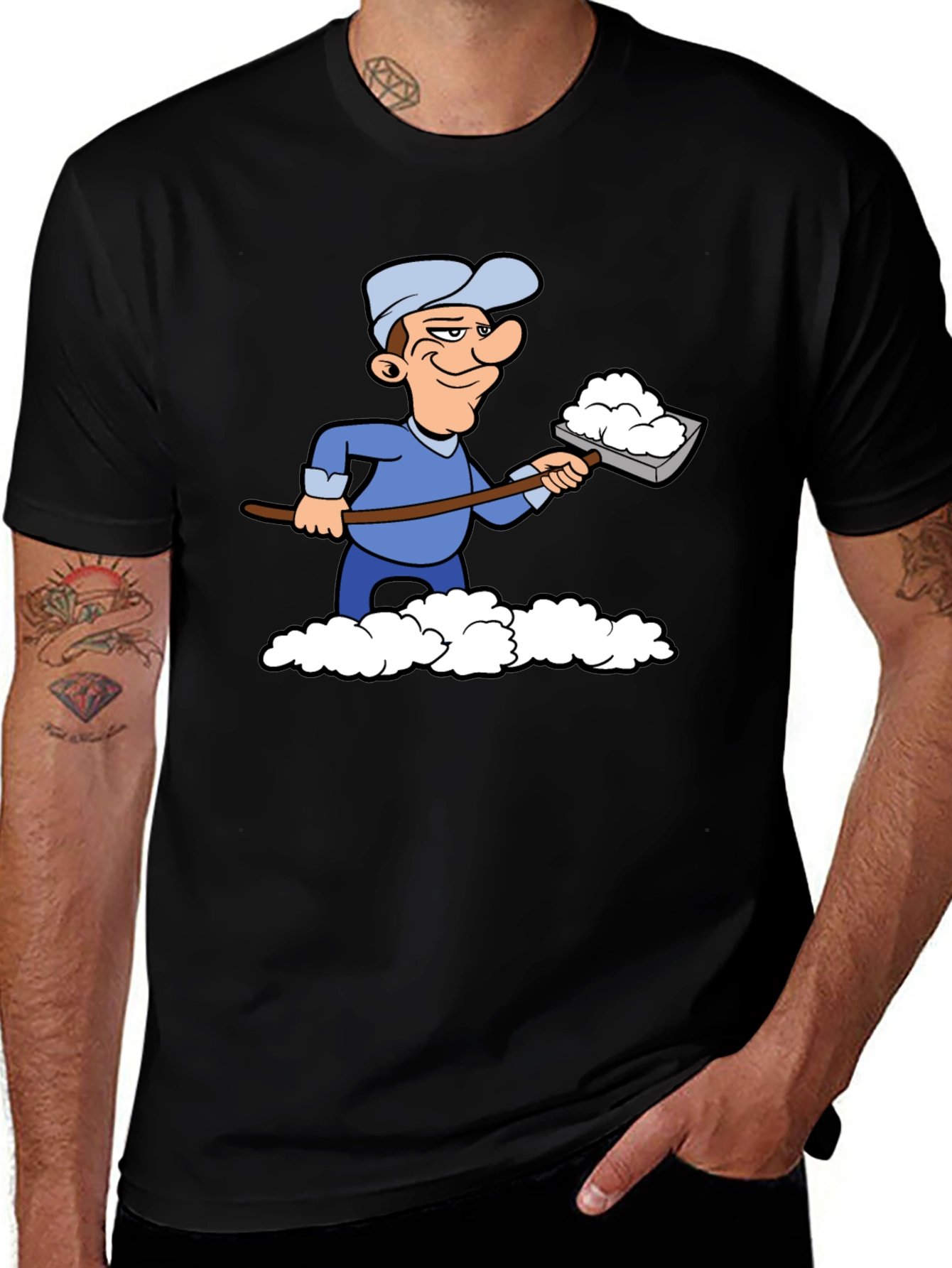 Funny Snow Shoveler Cartoon Black T-Shirt