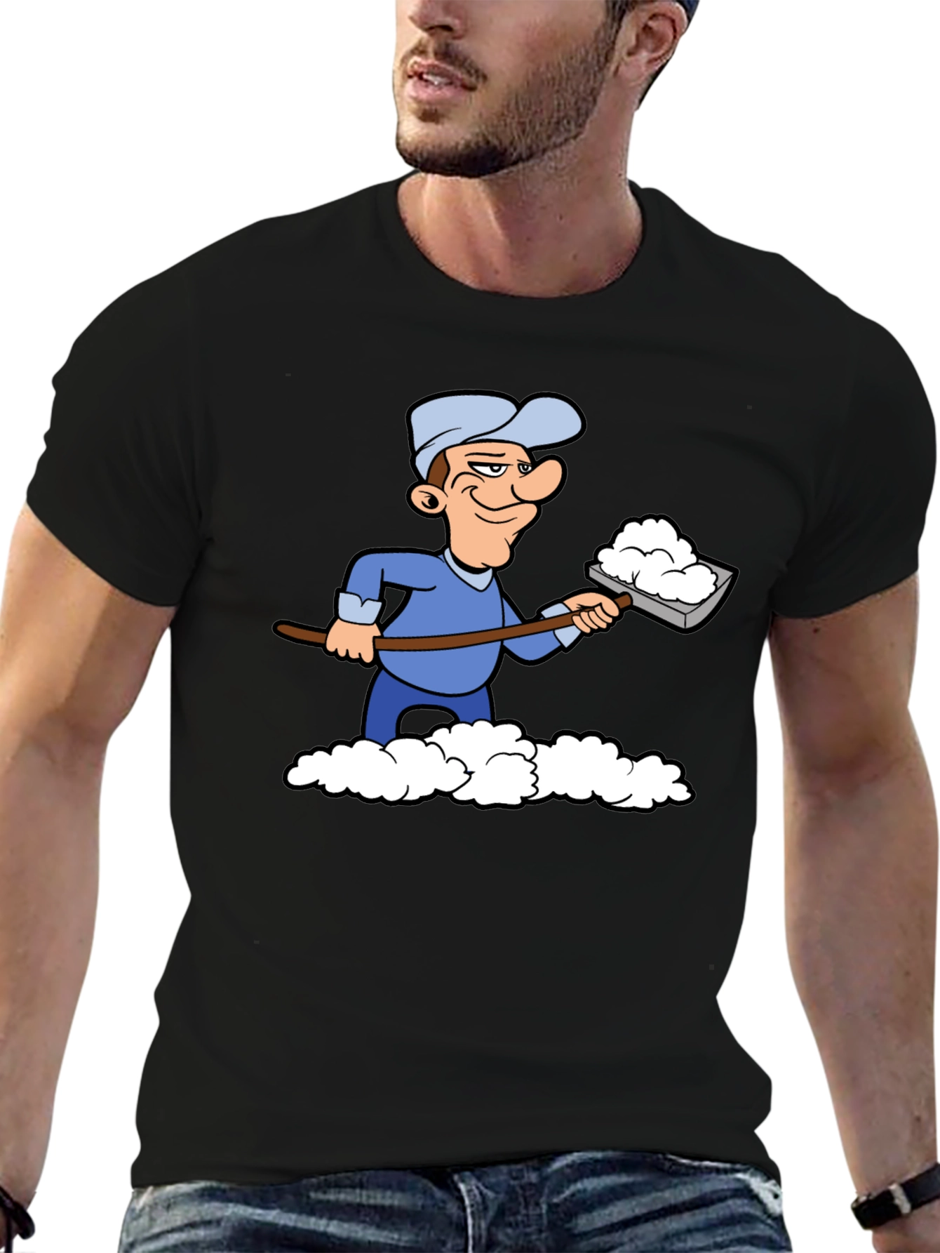Funny Snow Shoveler Cartoon Black T-Shirt