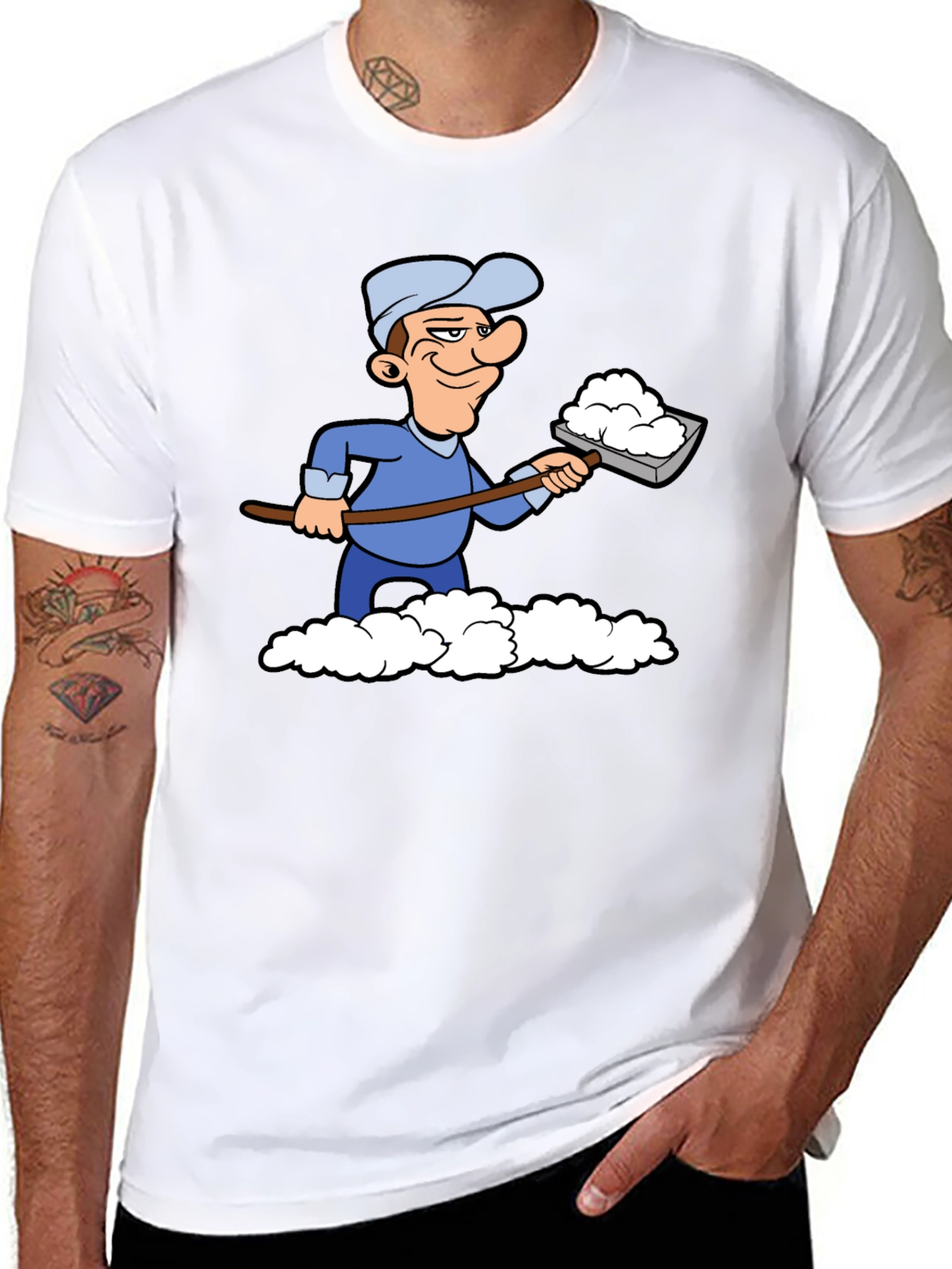 Funny Snow Shoveler Cartoon Black T-Shirt