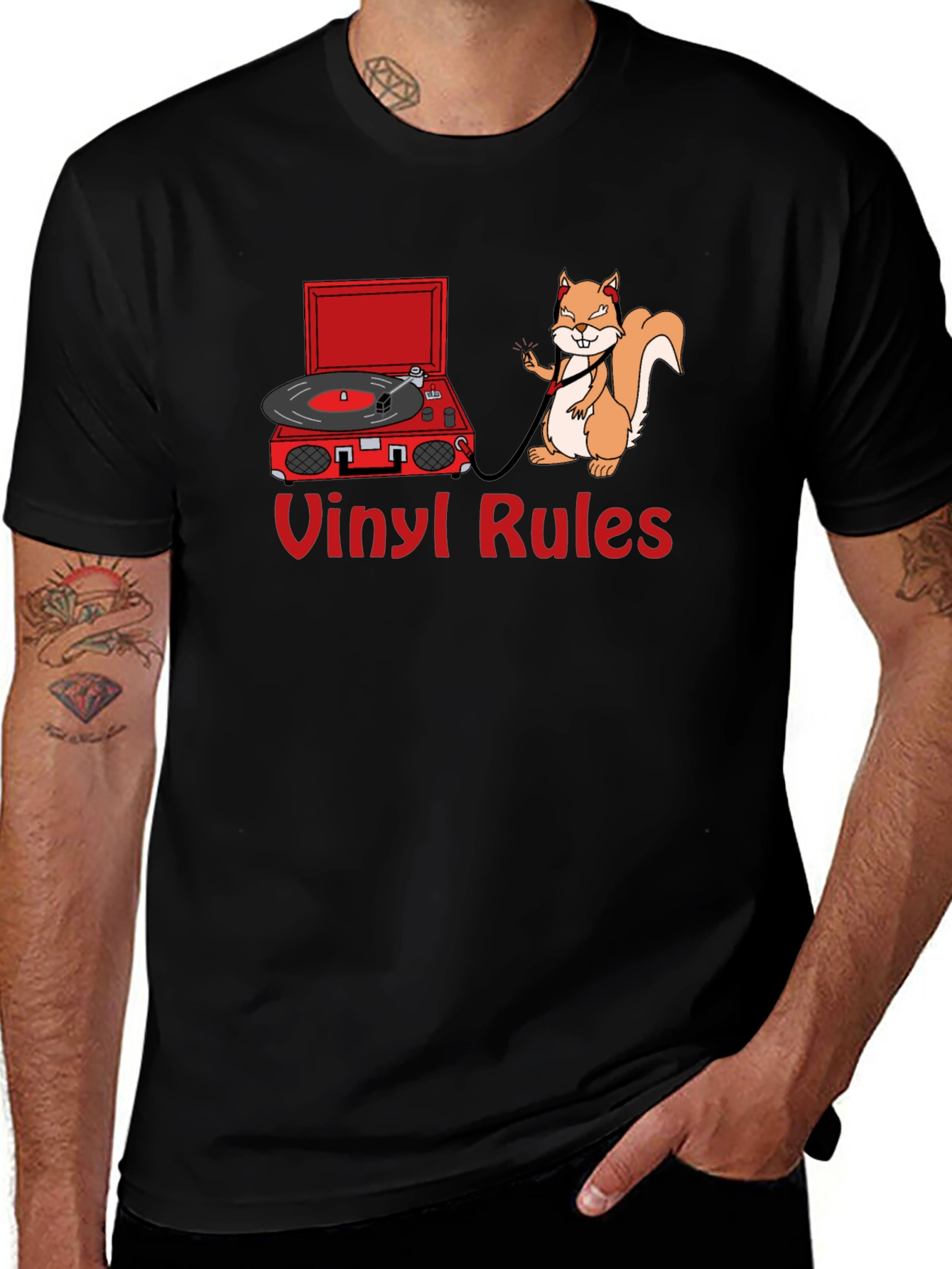 Vinyl Rules T-Shirt - Squirrel DJ Retro Music Tee