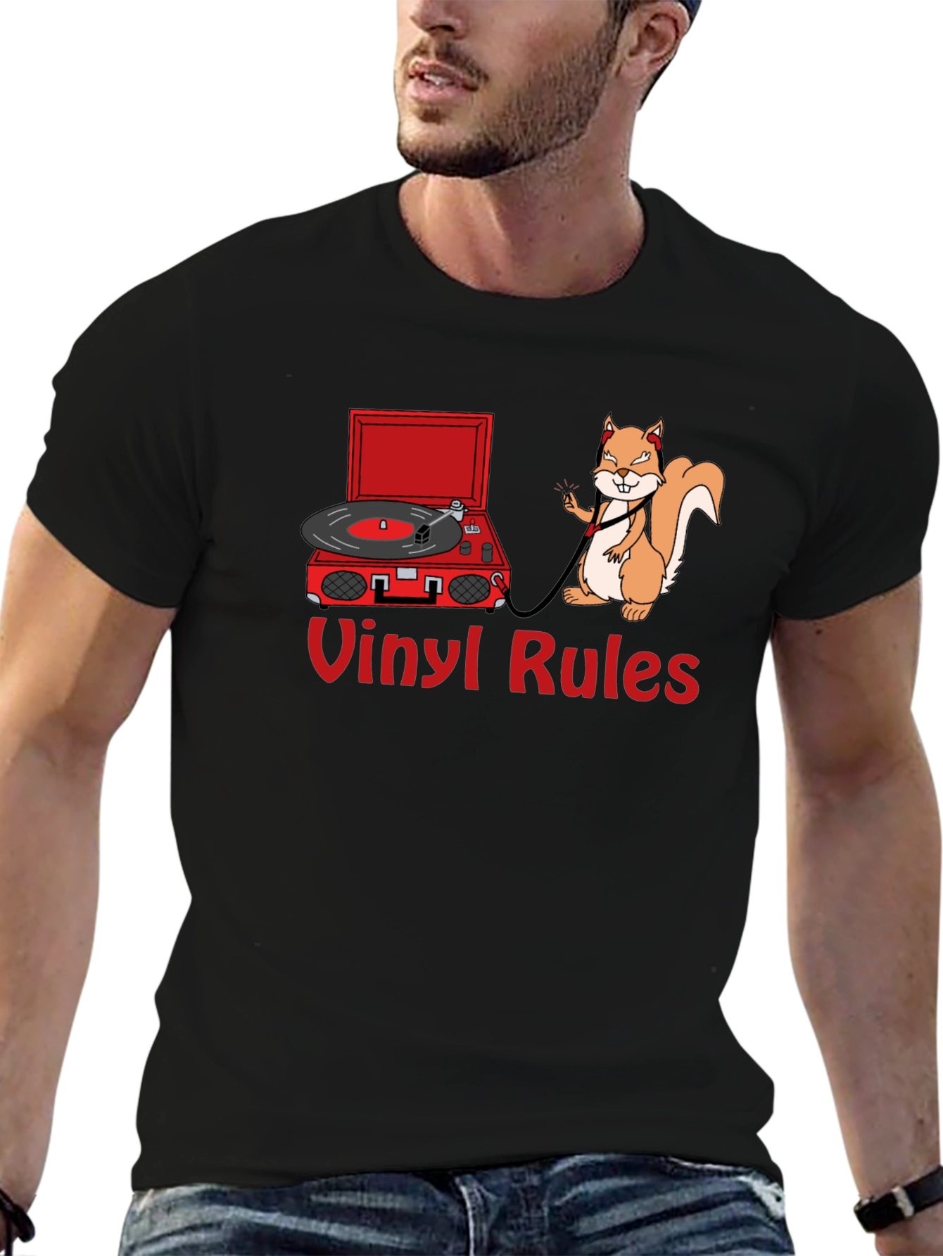 Vinyl Rules T-Shirt - Squirrel DJ Retro Music Tee