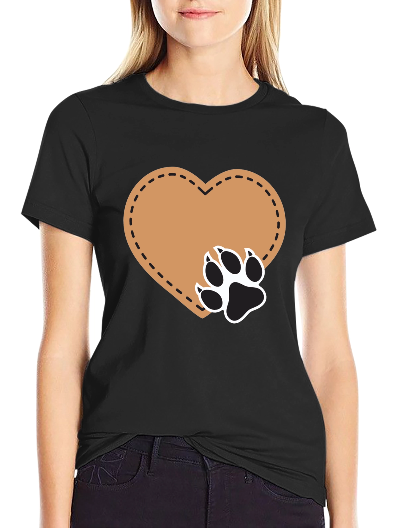 Heart Paw Print T-Shirt - Casual Black Tee