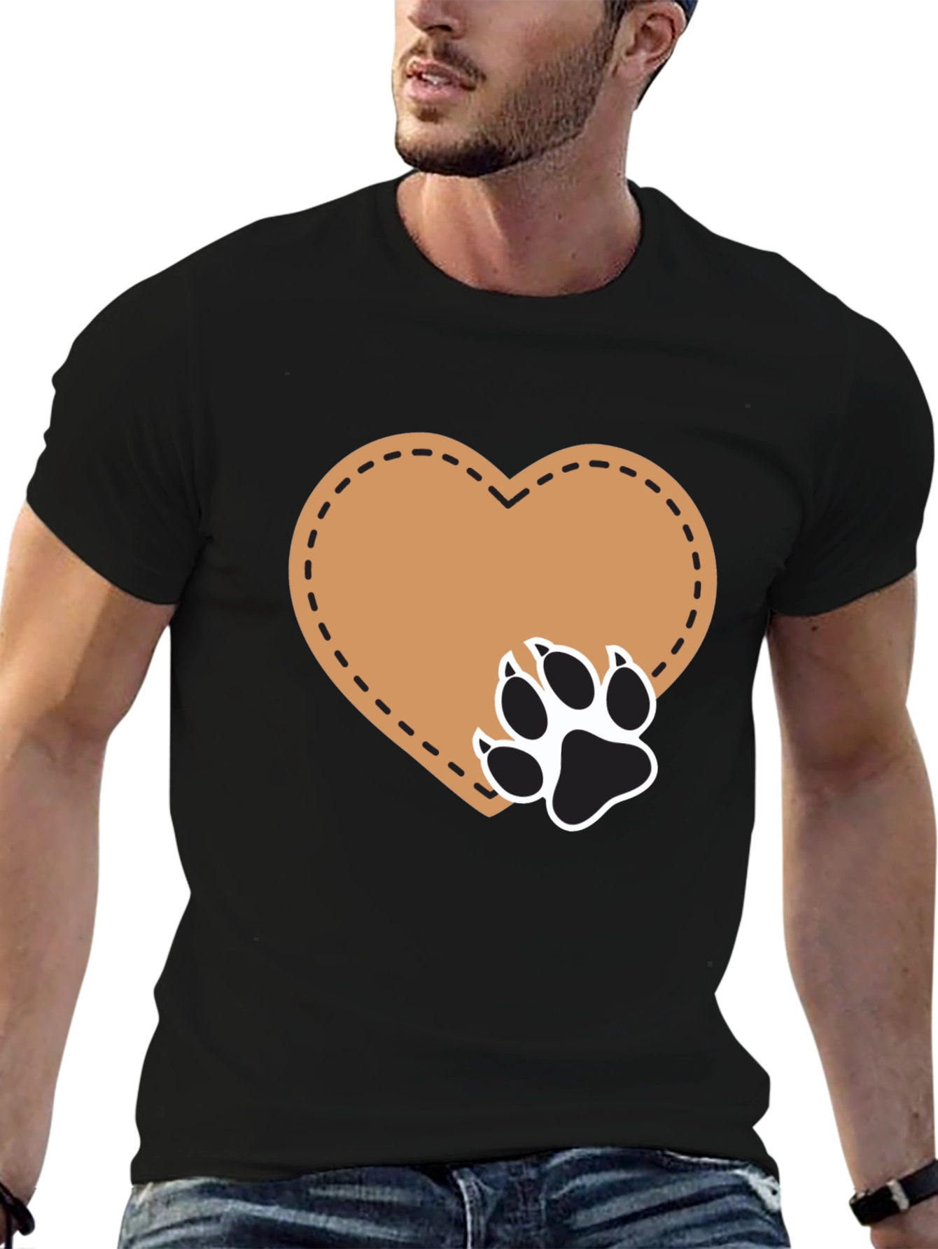 Heart Paw Print T-Shirt - Casual Black Tee