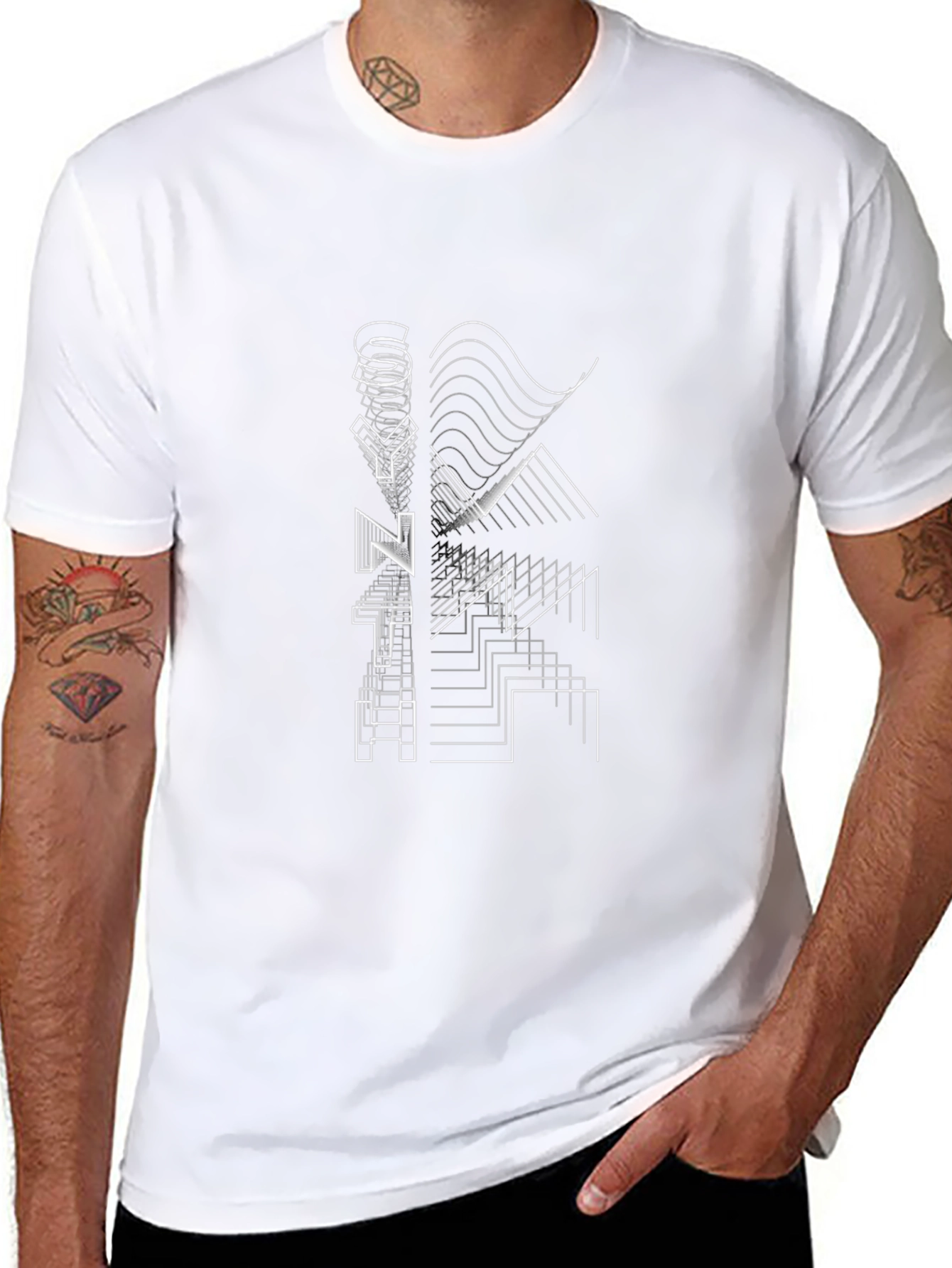 Geometric Line Art Black T-Shirt