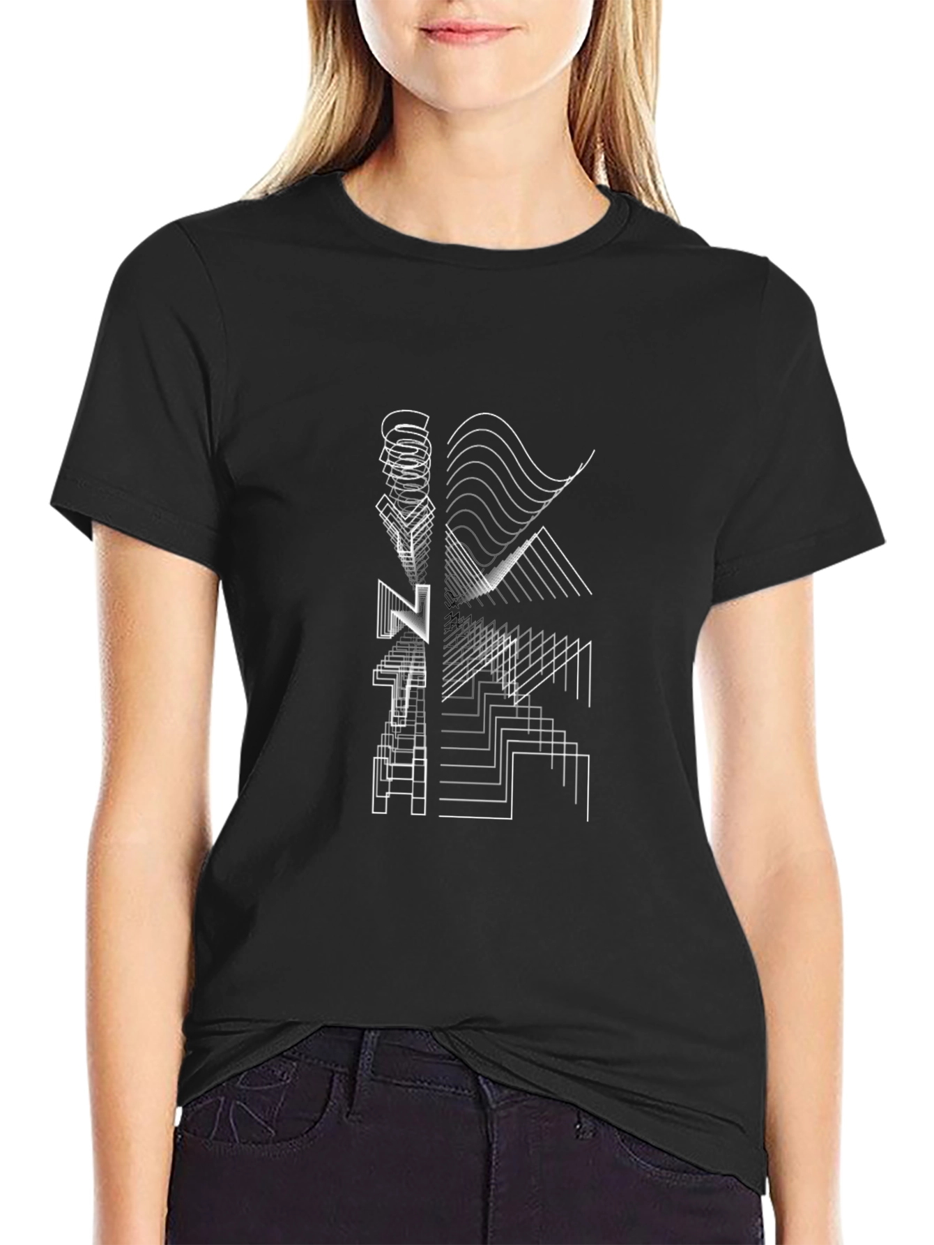 Geometric Line Art Black T-Shirt