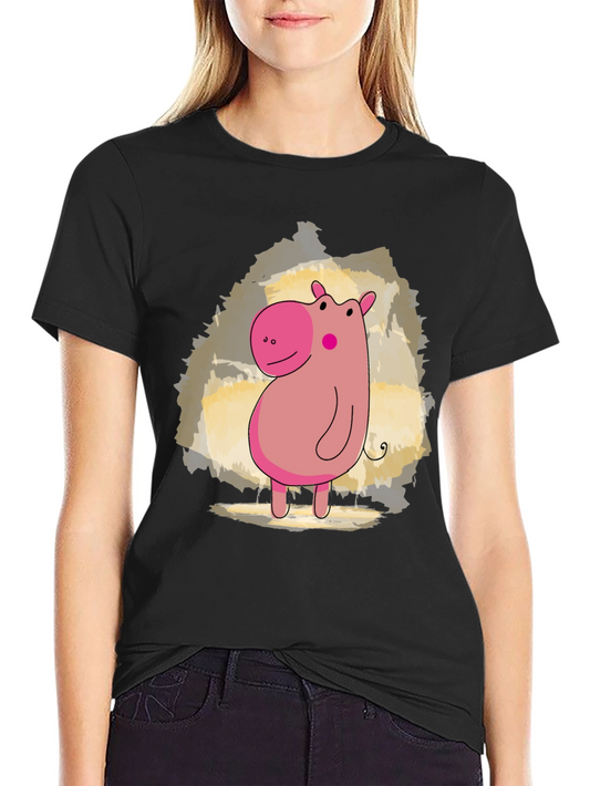 Cute Hippo Cartoon Black T-Shirt
