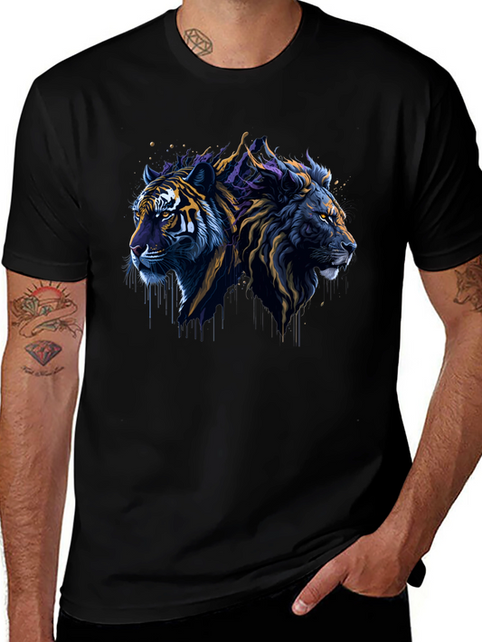 Lion & Tiger Graphic Tee - Black Crew Neck T-Shirt
