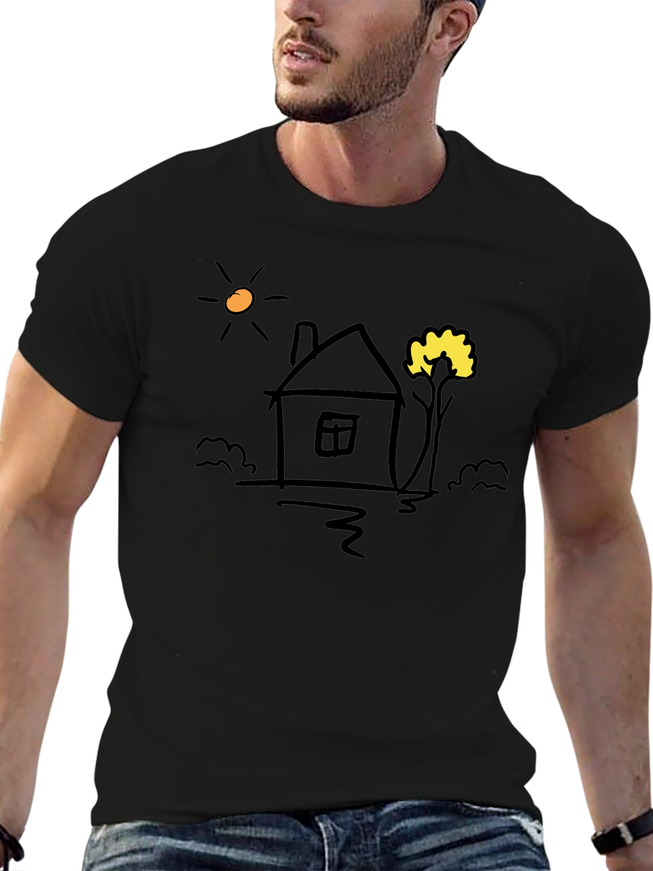 Doodle House Graphic Tee - Casual Black T-Shirt