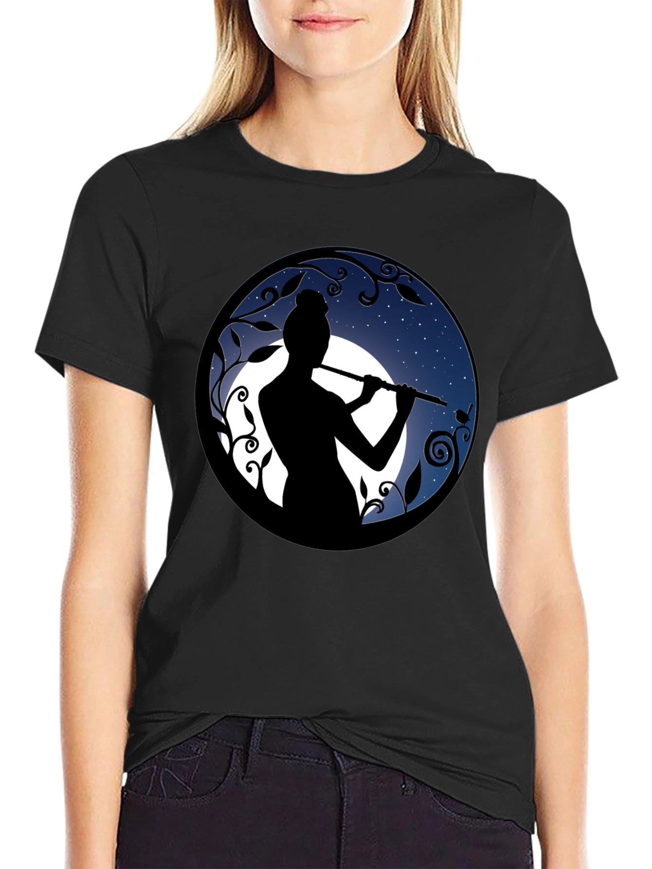 Flute Player Silhouette Graphic Black T-Shirt