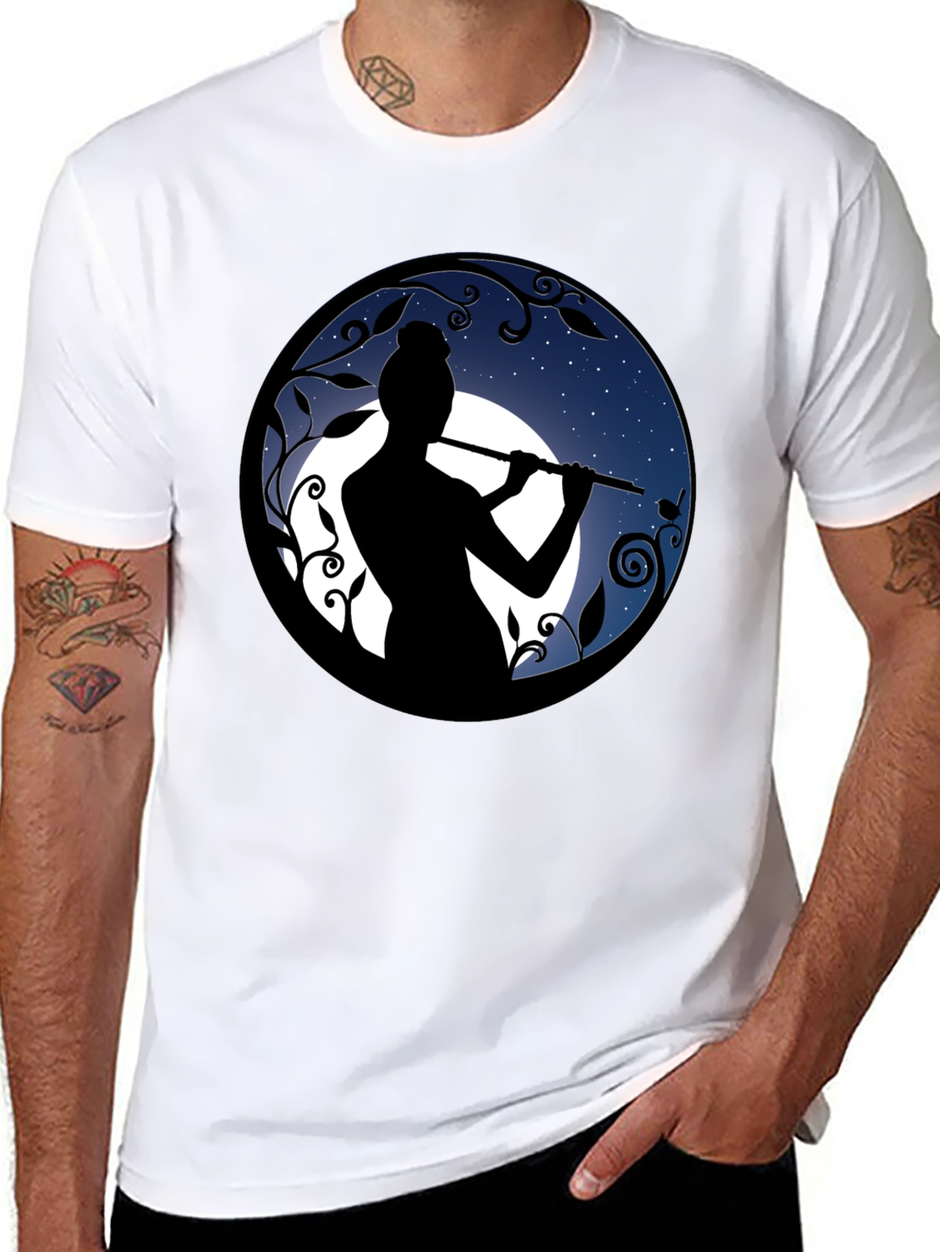 Flute Player Silhouette Graphic Black T-Shirt