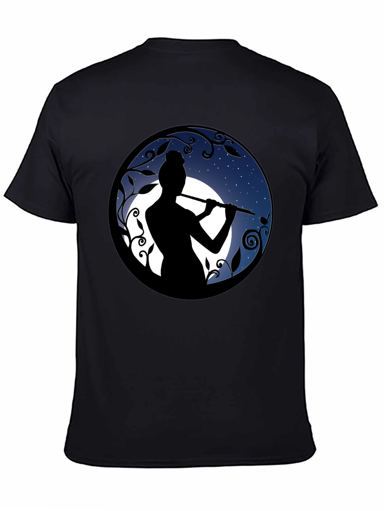 Flute Player Silhouette Graphic Black T-Shirt