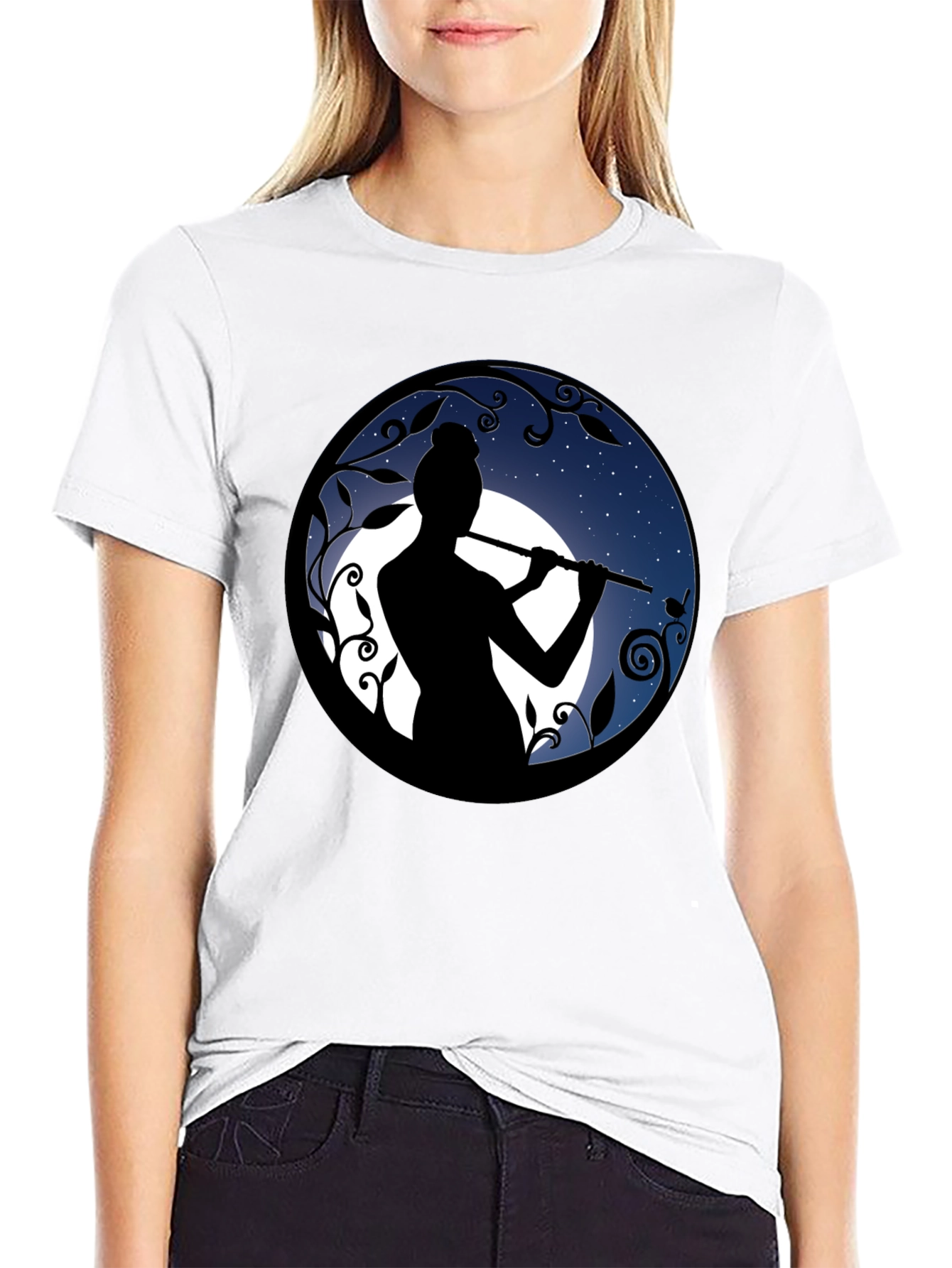 Flute Player Silhouette Graphic Black T-Shirt
