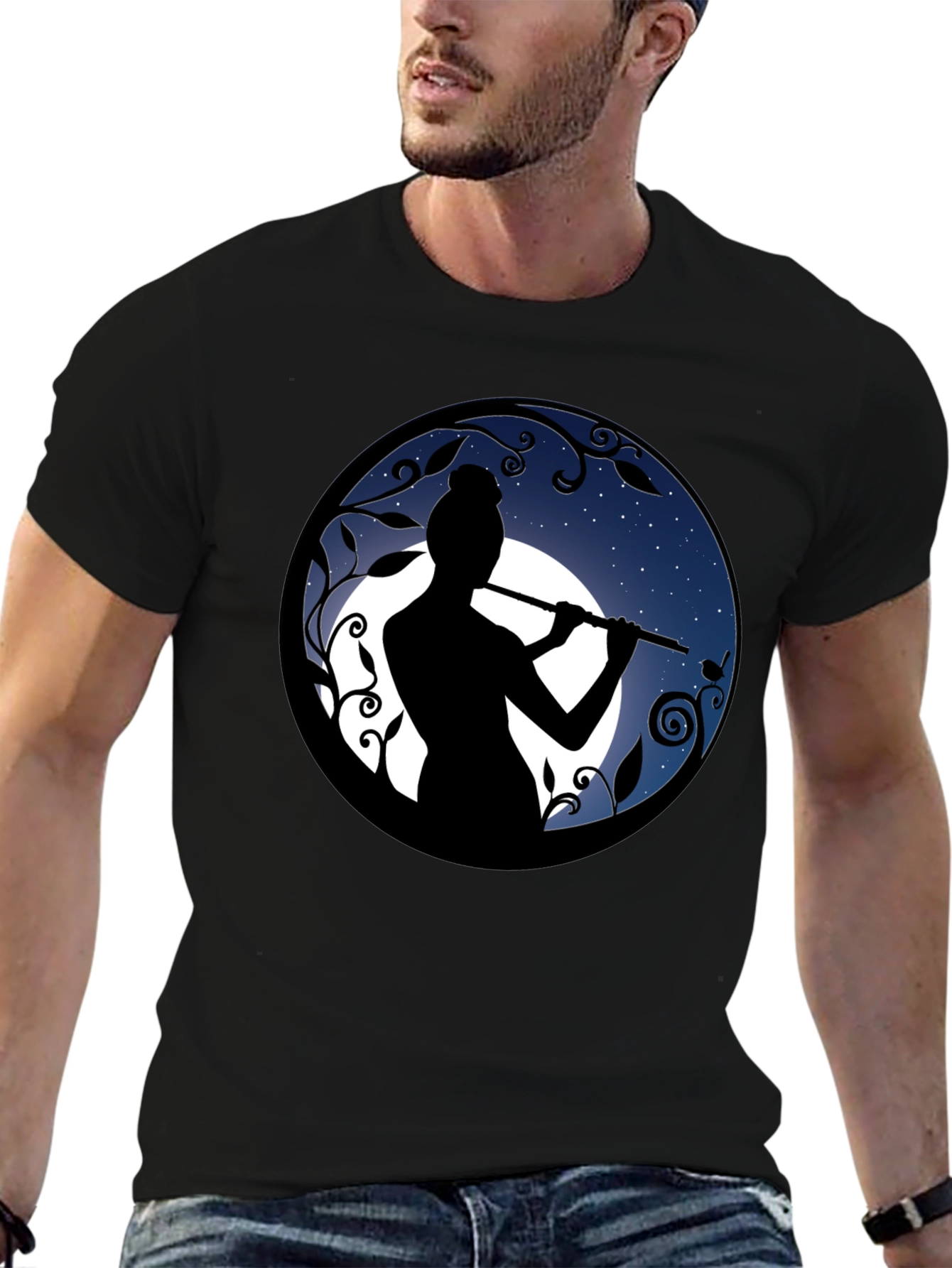 Flute Player Silhouette Graphic Black T-Shirt