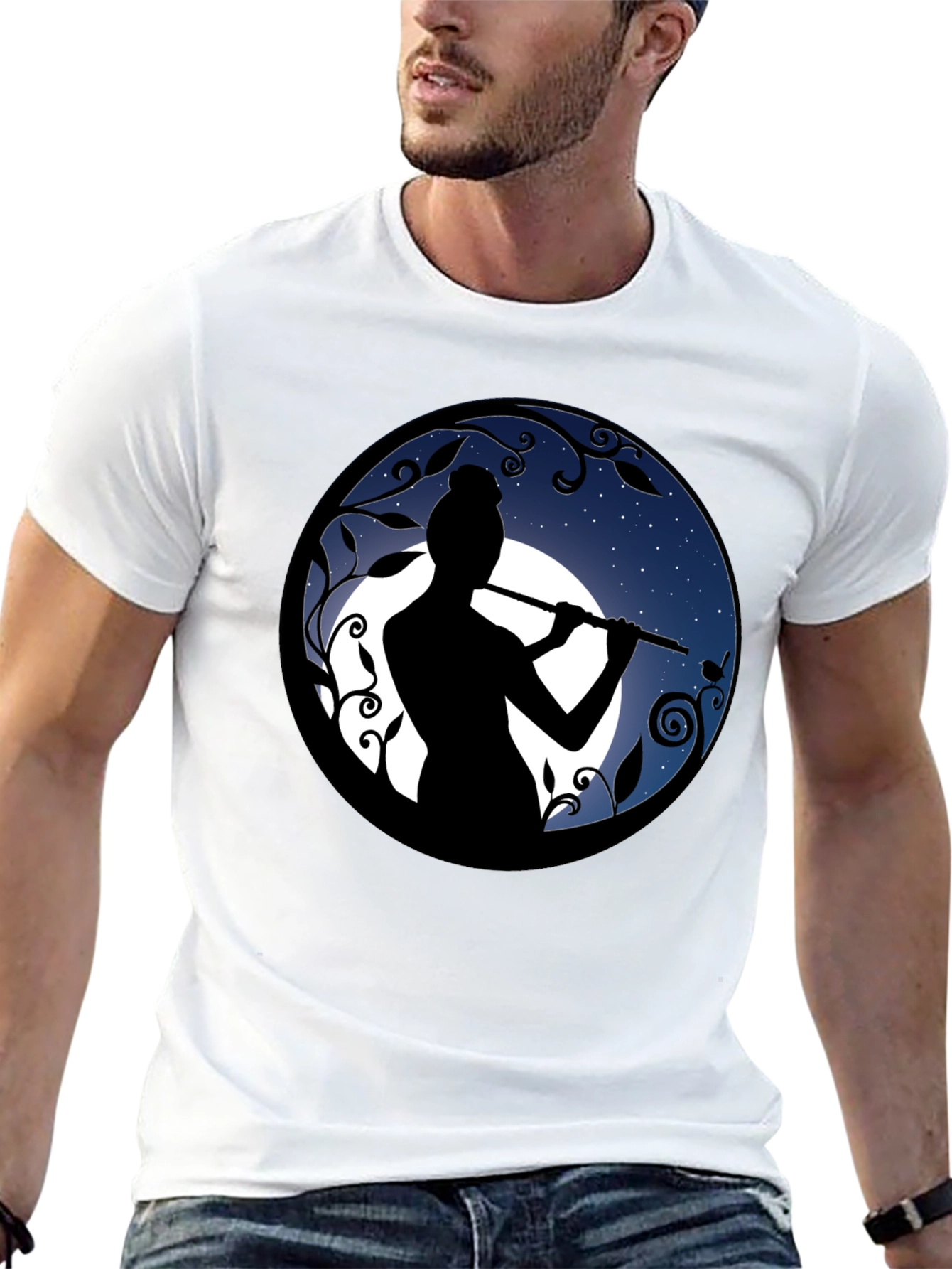 Flute Player Silhouette Graphic Black T-Shirt