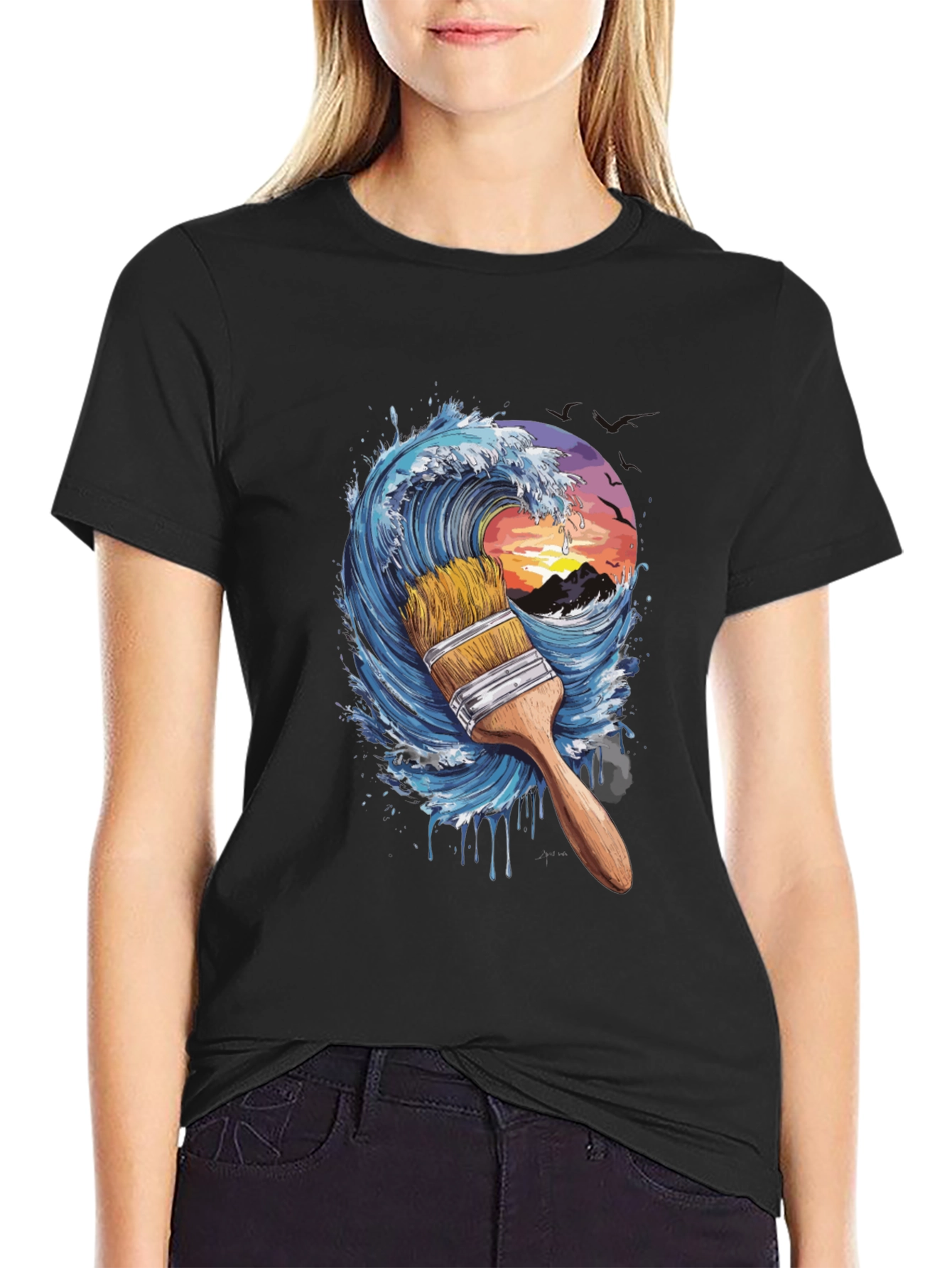 Wave Paintbrush Black Graphic Tee