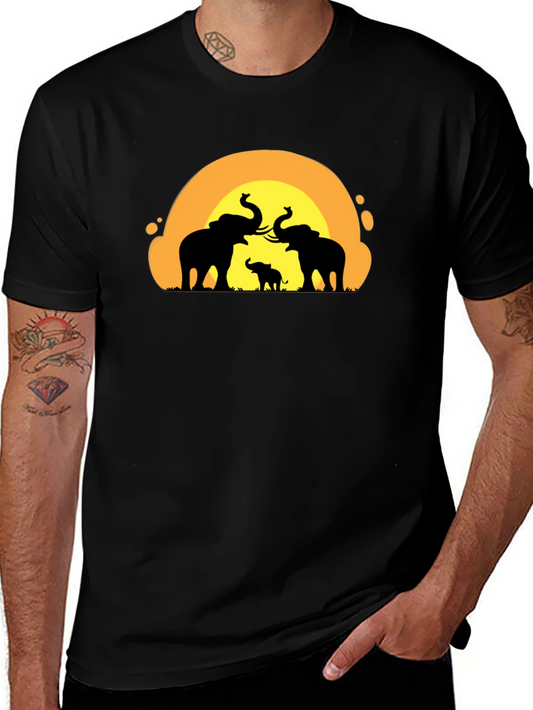 Elephant Sunset Graphic Tee - Black Cotton T-Shirt