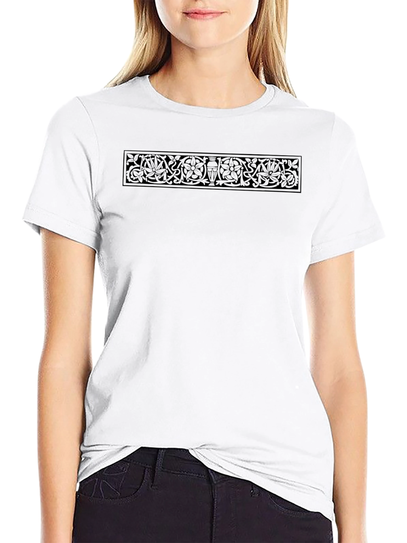 Elegant Black T-Shirt with Floral Border Design