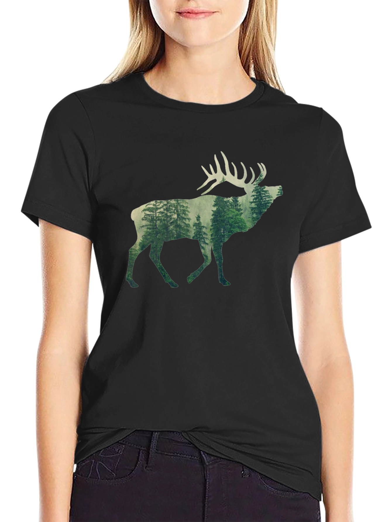 Nature Deer Graphic Tee - Black