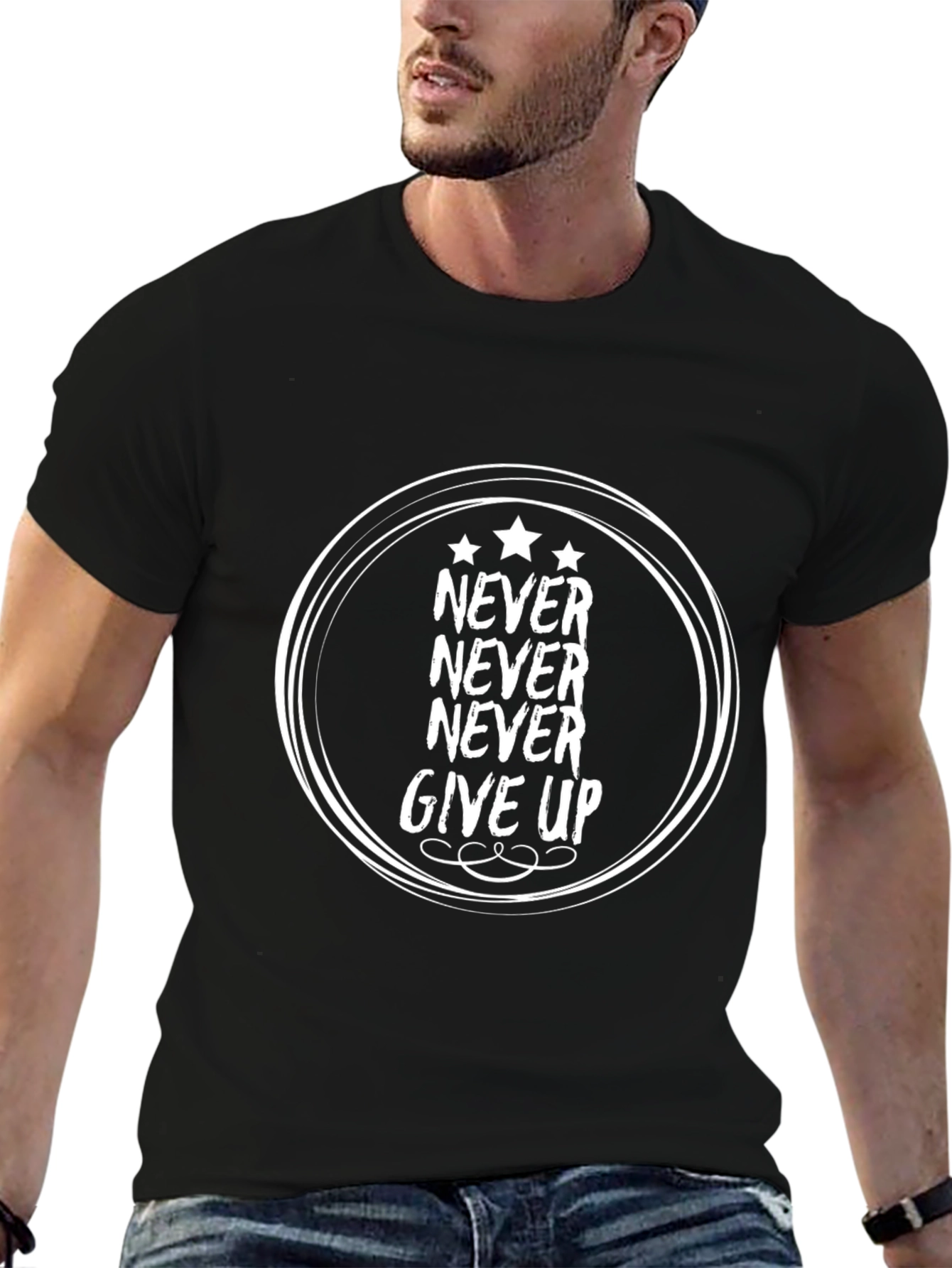 Never Give Up Motivational Black T-Shirt