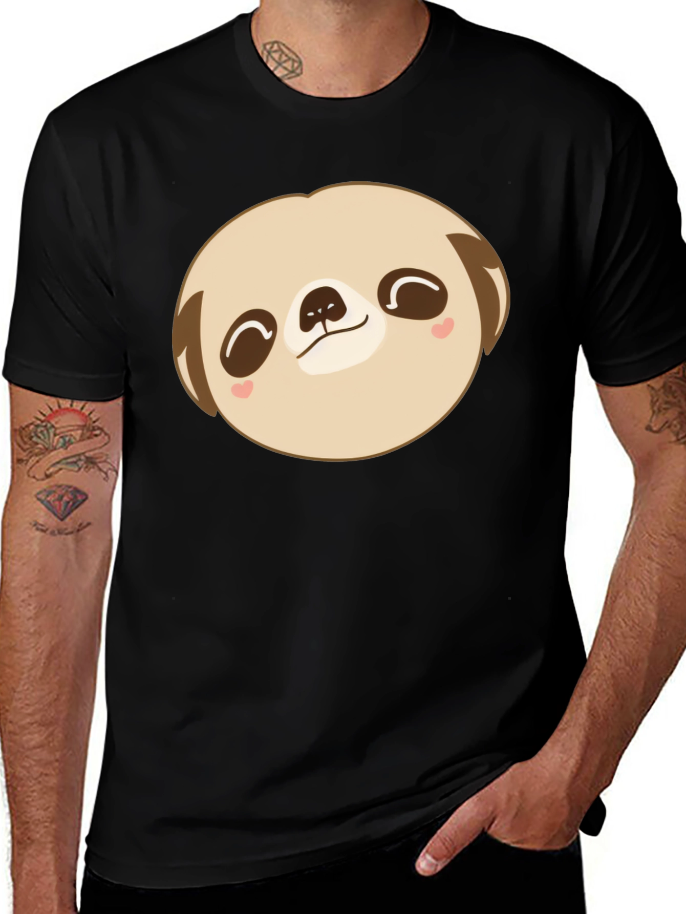 Cute Sloth Face Graphic Black T-Shirt