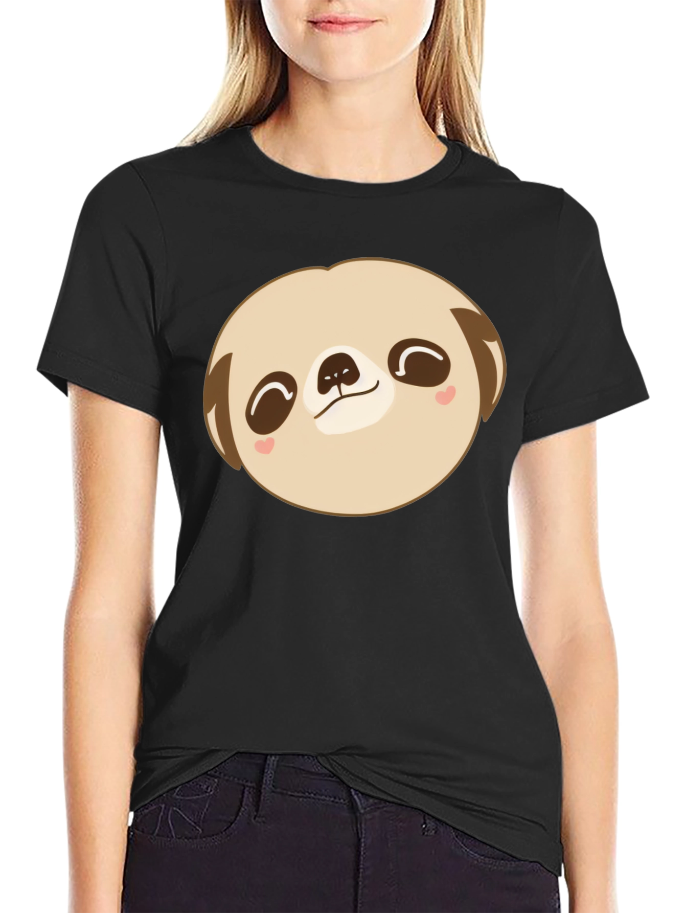 Cute Sloth Face Graphic Black T-Shirt