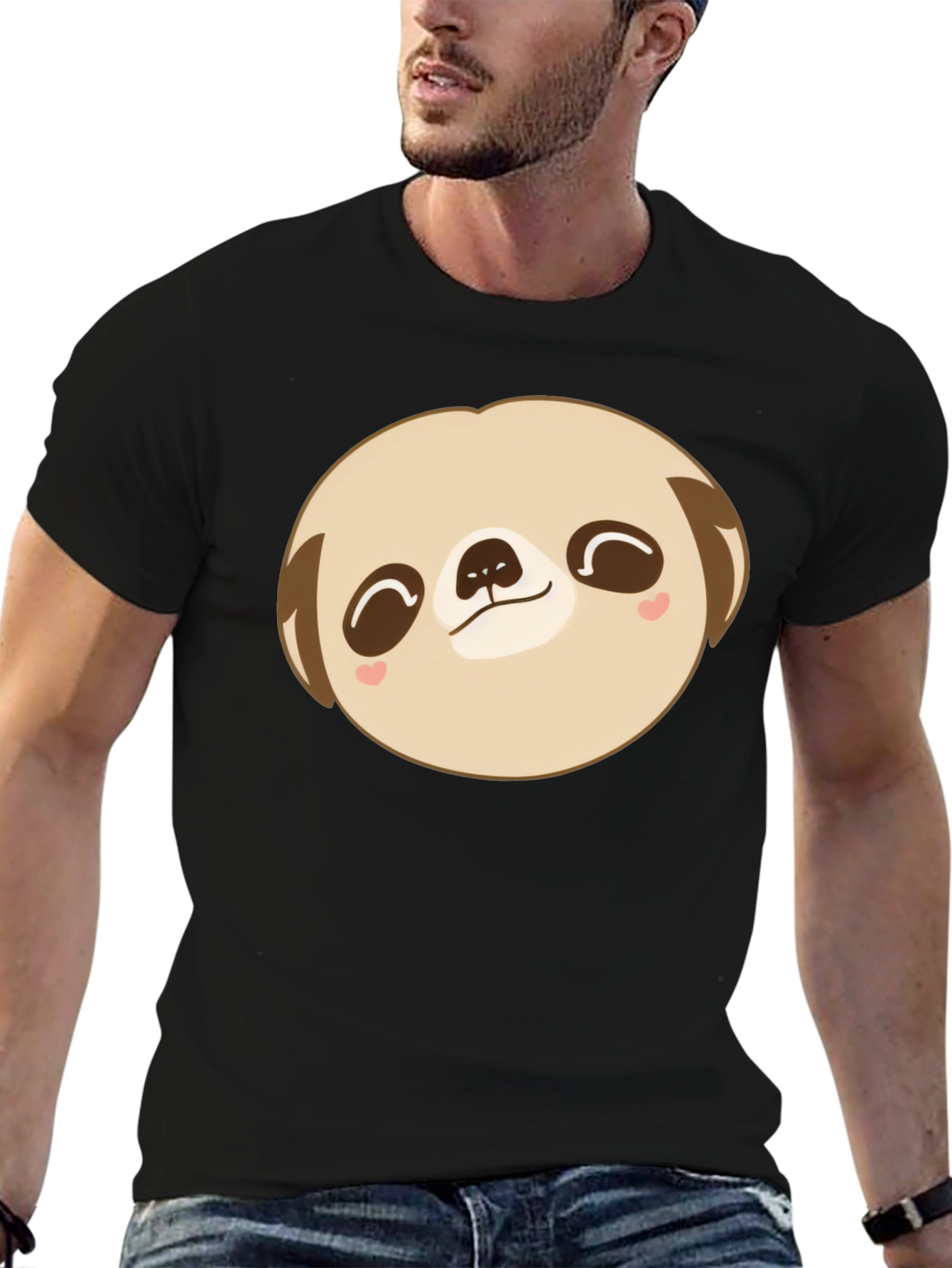 Cute Sloth Face Graphic Black T-Shirt