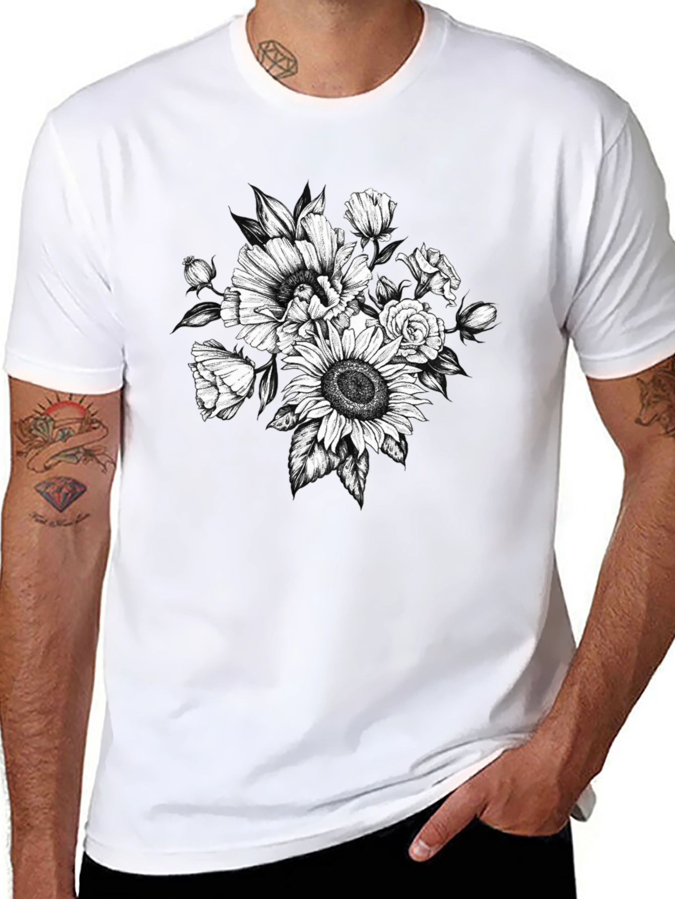 Floral Sketch Graphic T-Shirt - Black