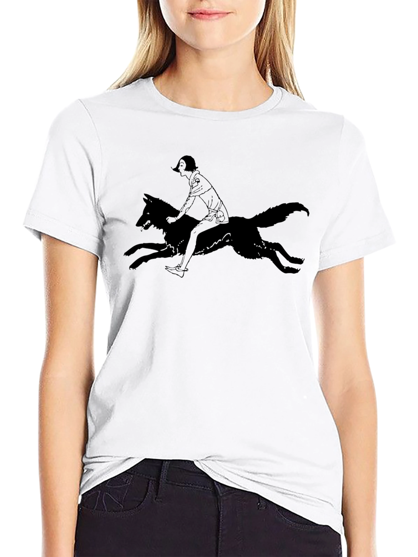 Black T-Shirt with Woman Riding Wolf Graphic Tee