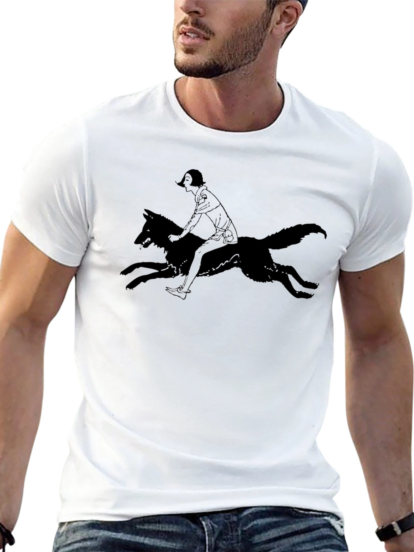 Black T-Shirt with Woman Riding Wolf Graphic Tee