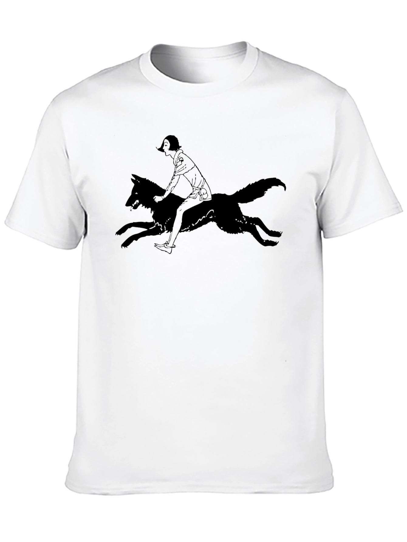 Black T-Shirt with Woman Riding Wolf Graphic Tee