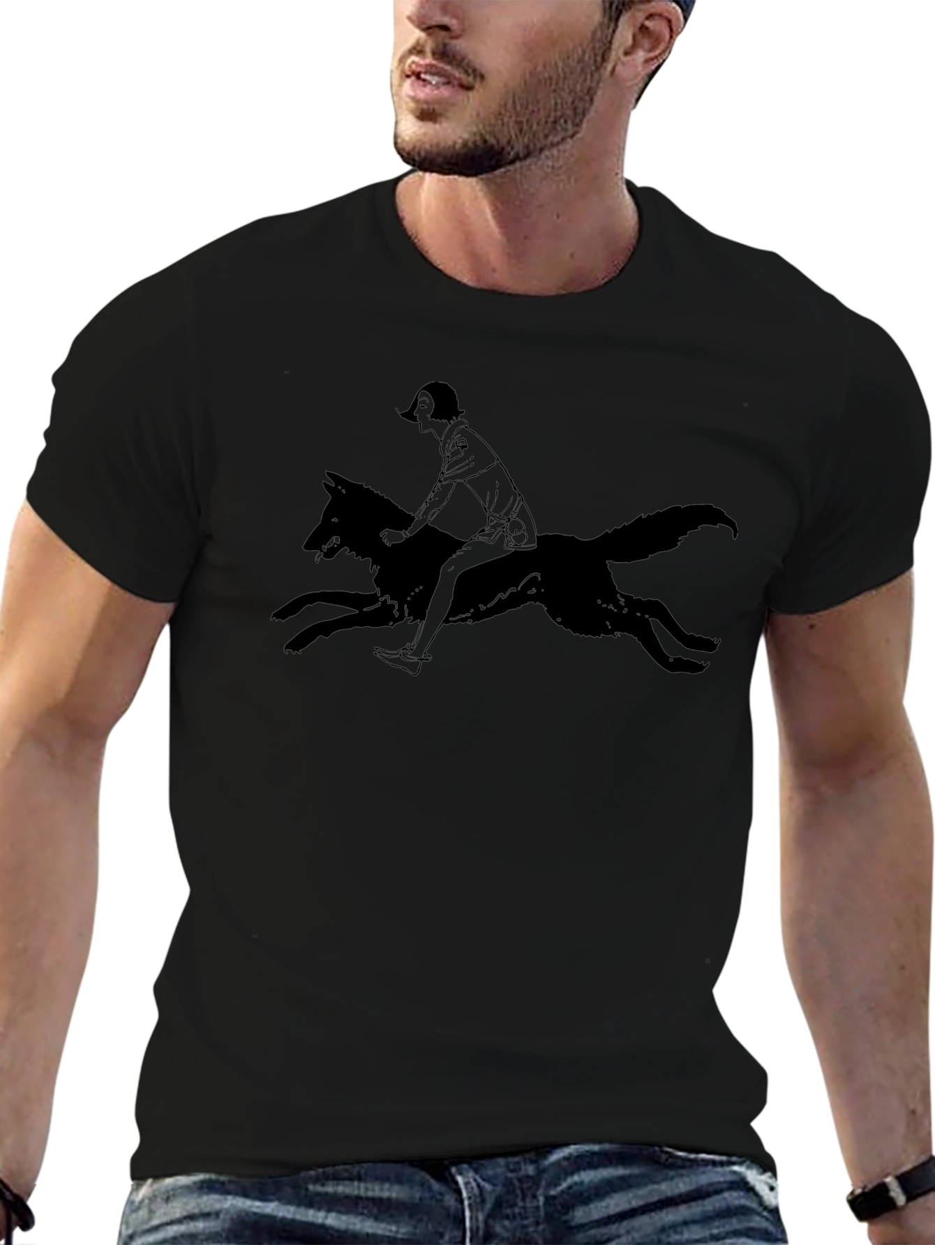 Black T-Shirt with Woman Riding Wolf Graphic Tee