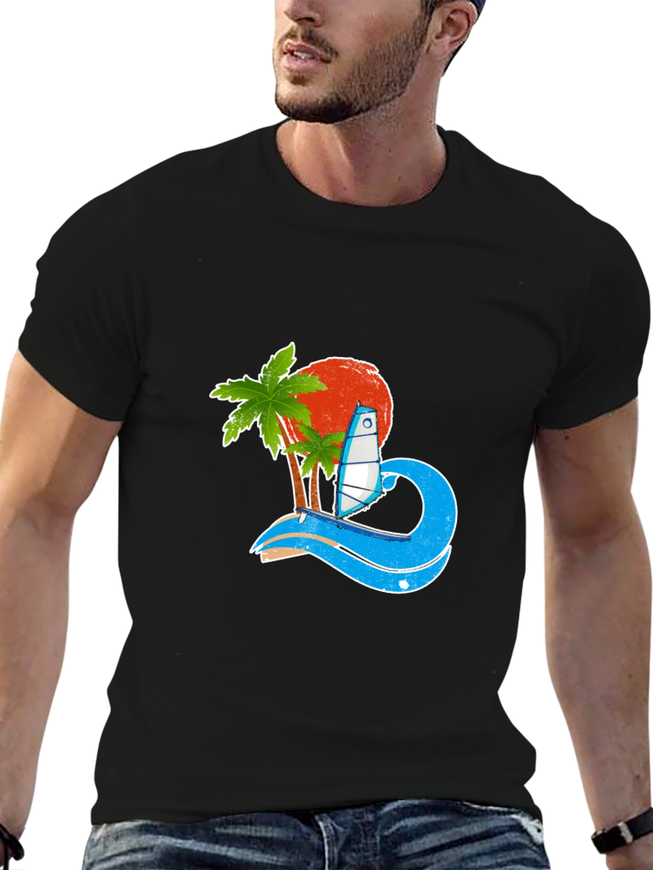 Tropical Surf Design Black T-Shirt