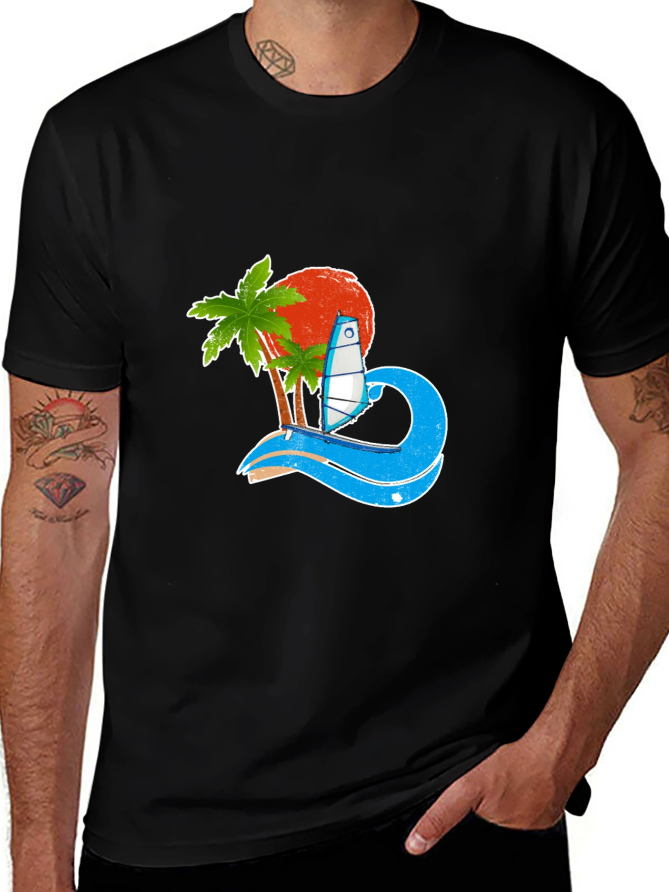 Tropical Surf Design Black T-Shirt