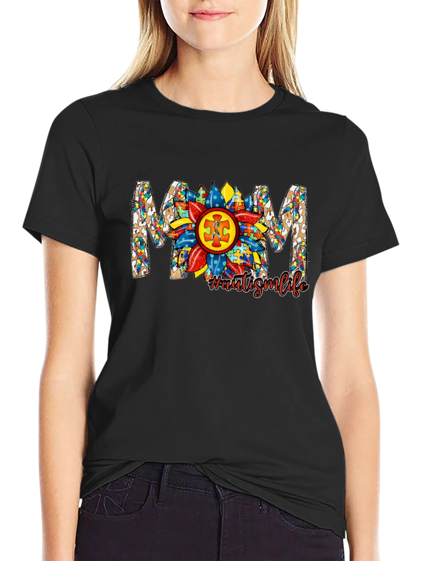 Autism Awareness MOM T-Shirt Sunflower Puzzle