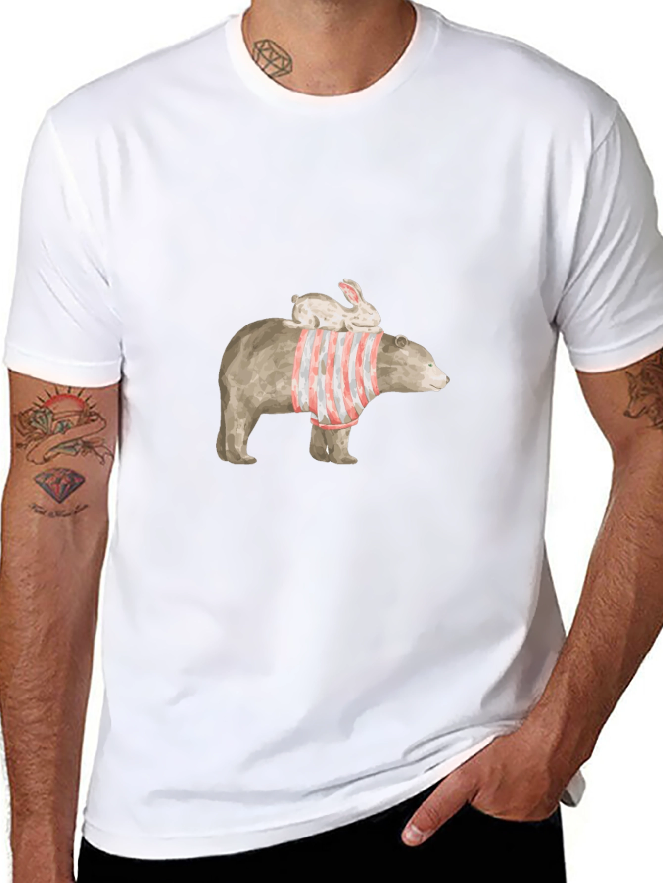 Bear and Bunny Graphic Tee - Casual Black T-Shirt