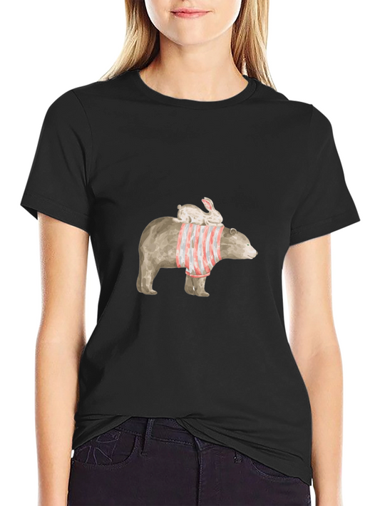 Bear and Bunny Graphic Tee - Casual Black T-Shirt