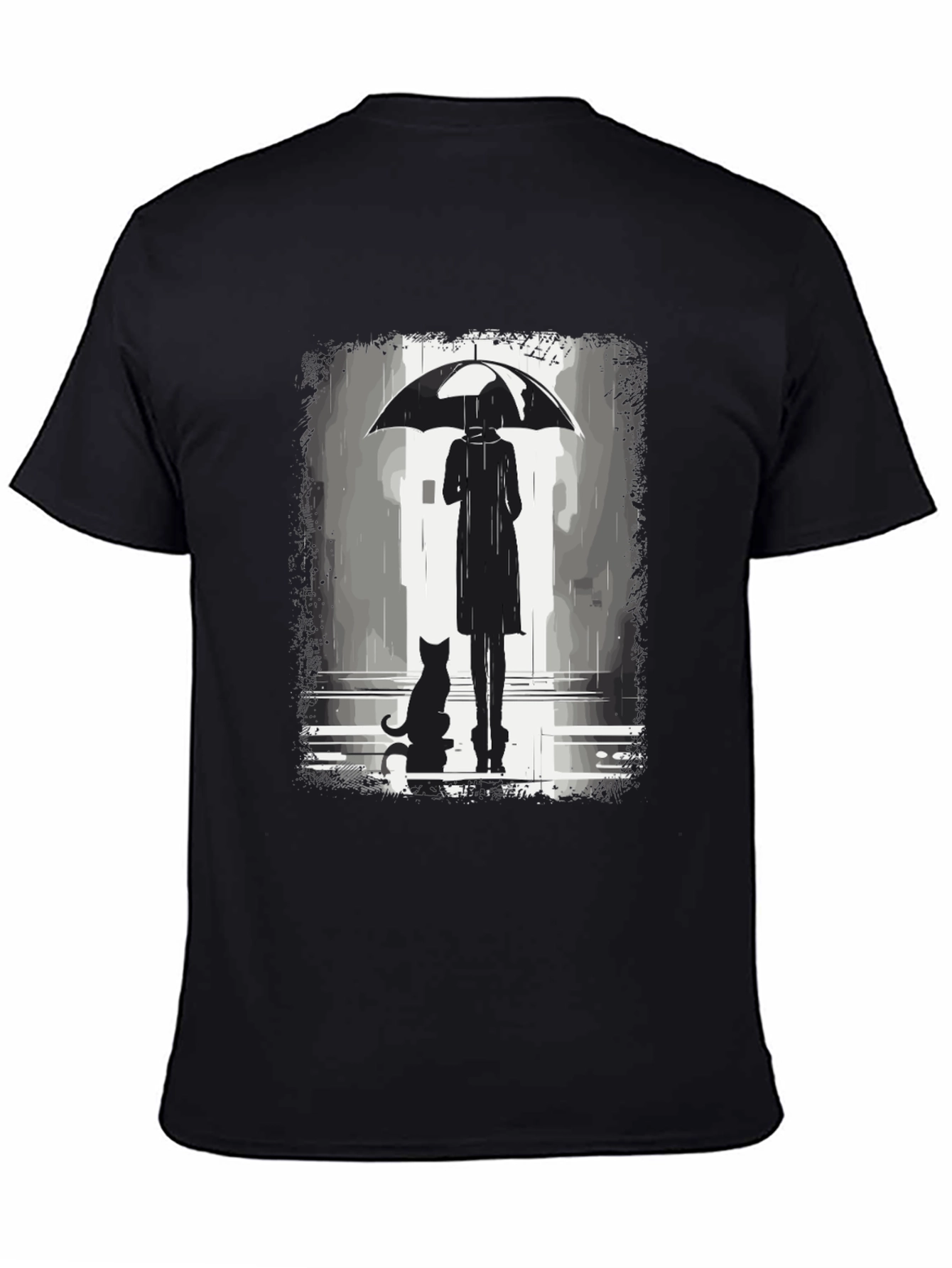 Rainy Day T-Shirt: Woman Cat & Umbrella