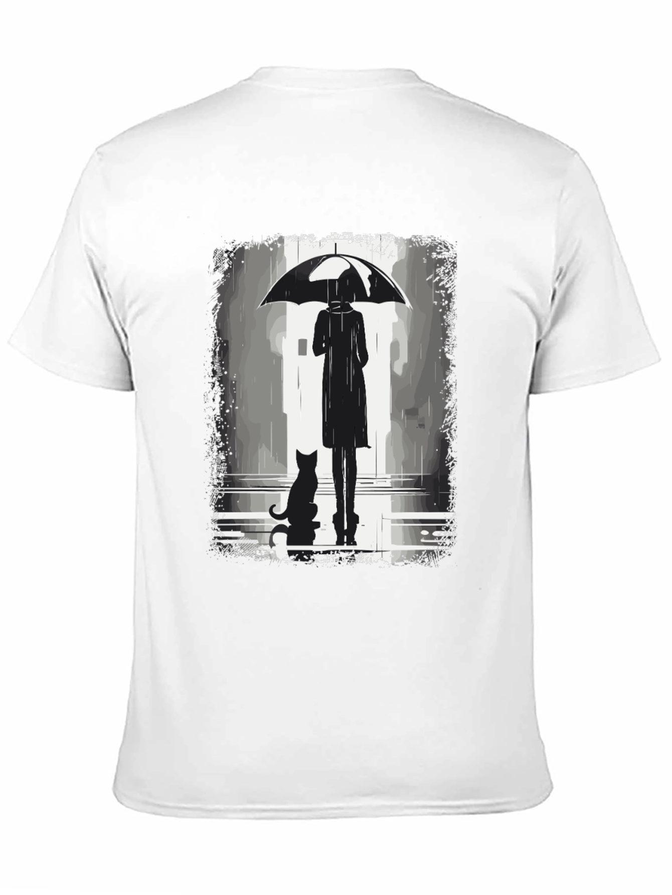 Rainy Day T-Shirt: Woman Cat & Umbrella