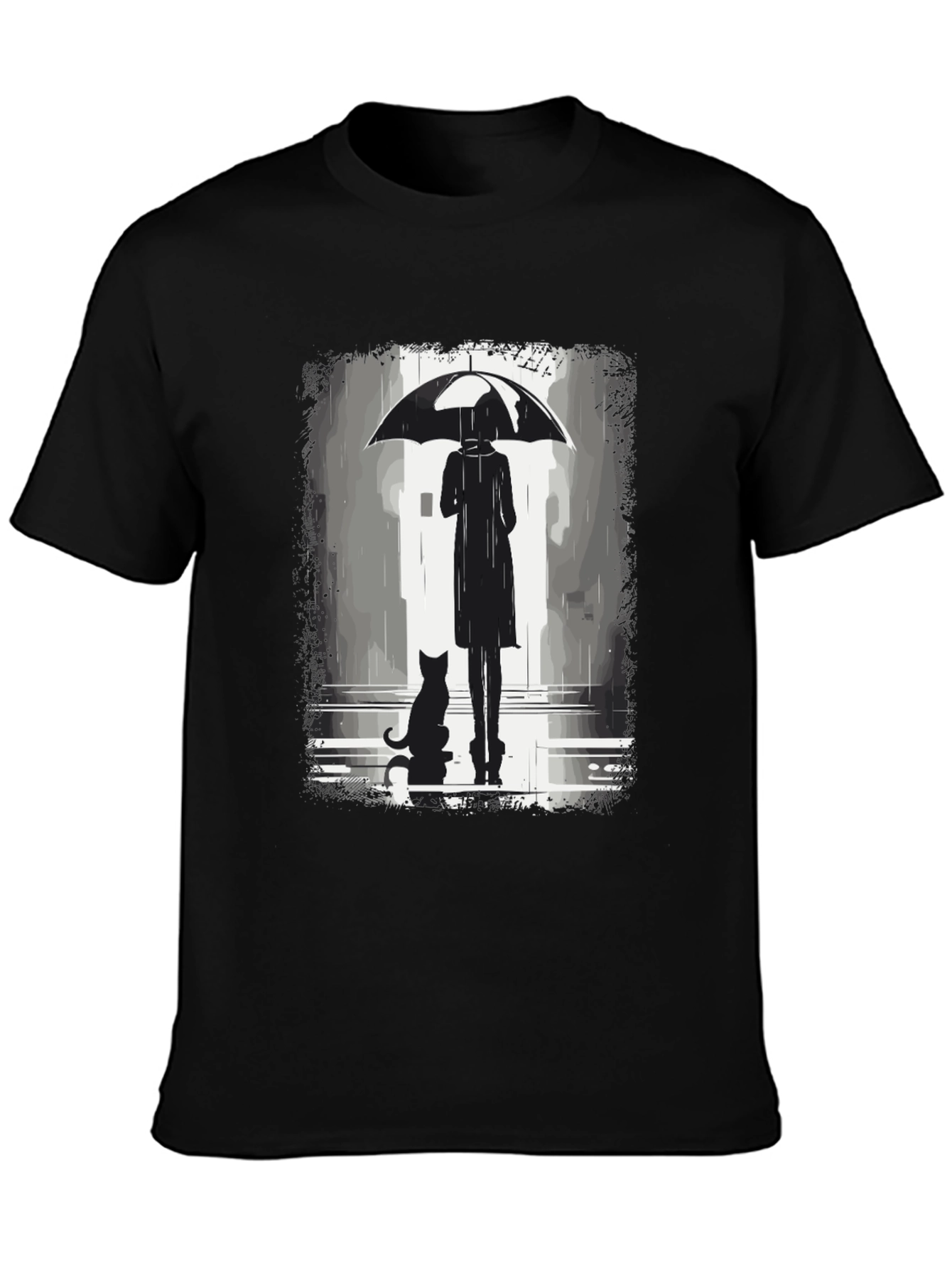 Rainy Day T-Shirt: Woman Cat & Umbrella