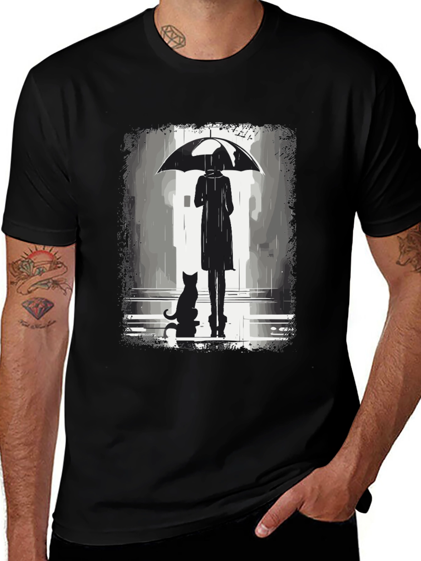 Rainy Day T-Shirt: Woman Cat & Umbrella