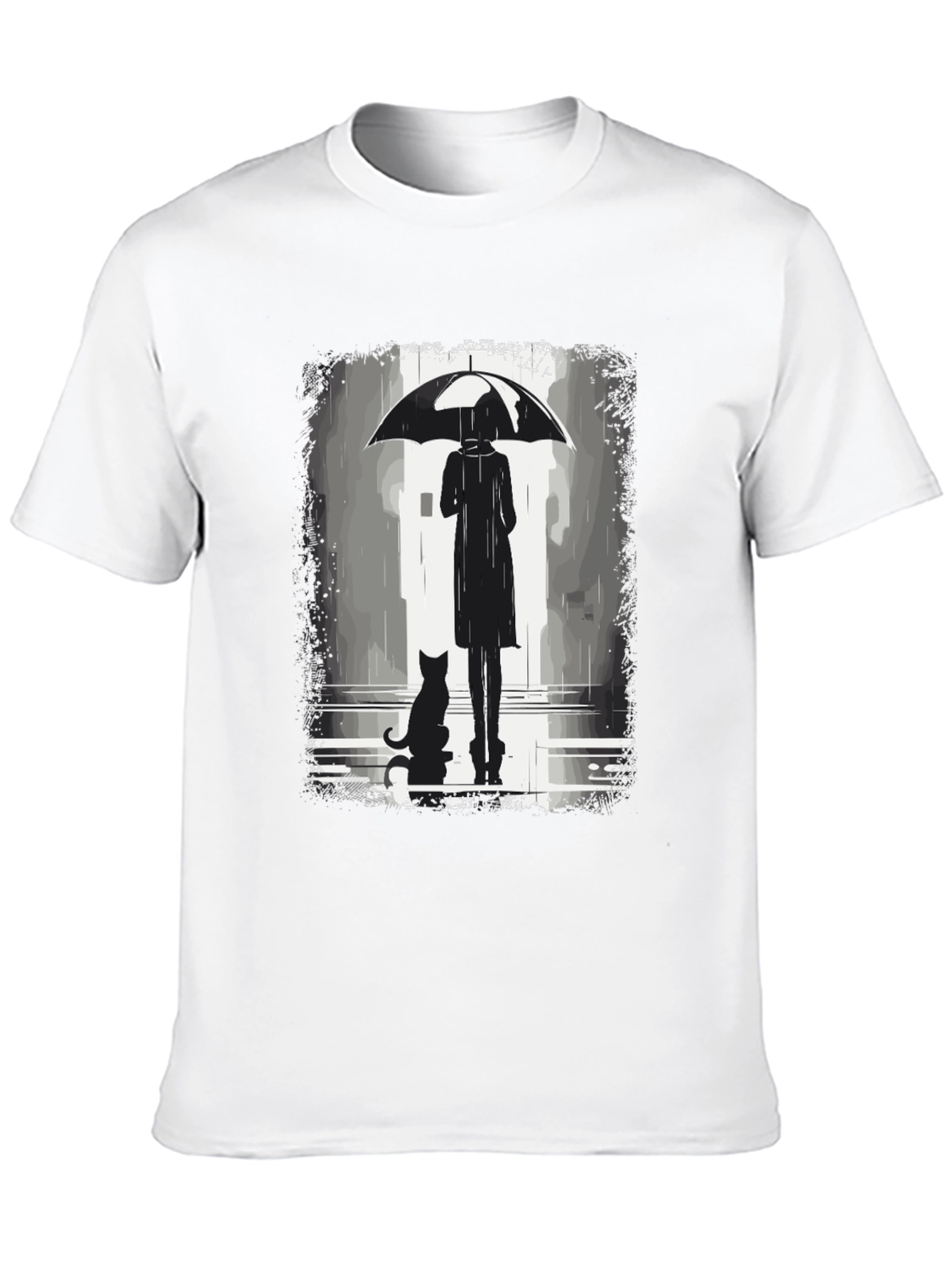 Rainy Day T-Shirt: Woman Cat & Umbrella