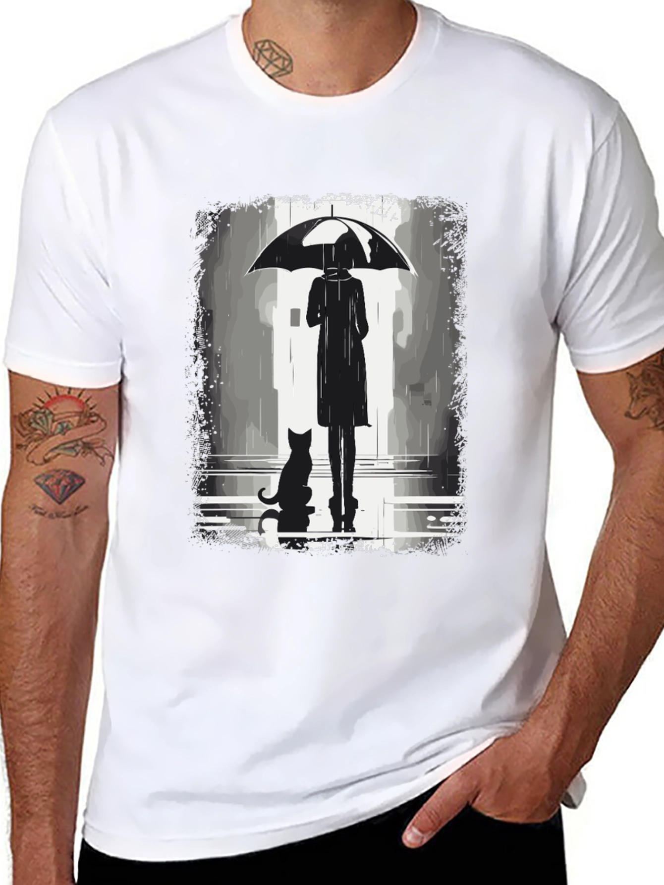 Rainy Day T-Shirt: Woman Cat & Umbrella