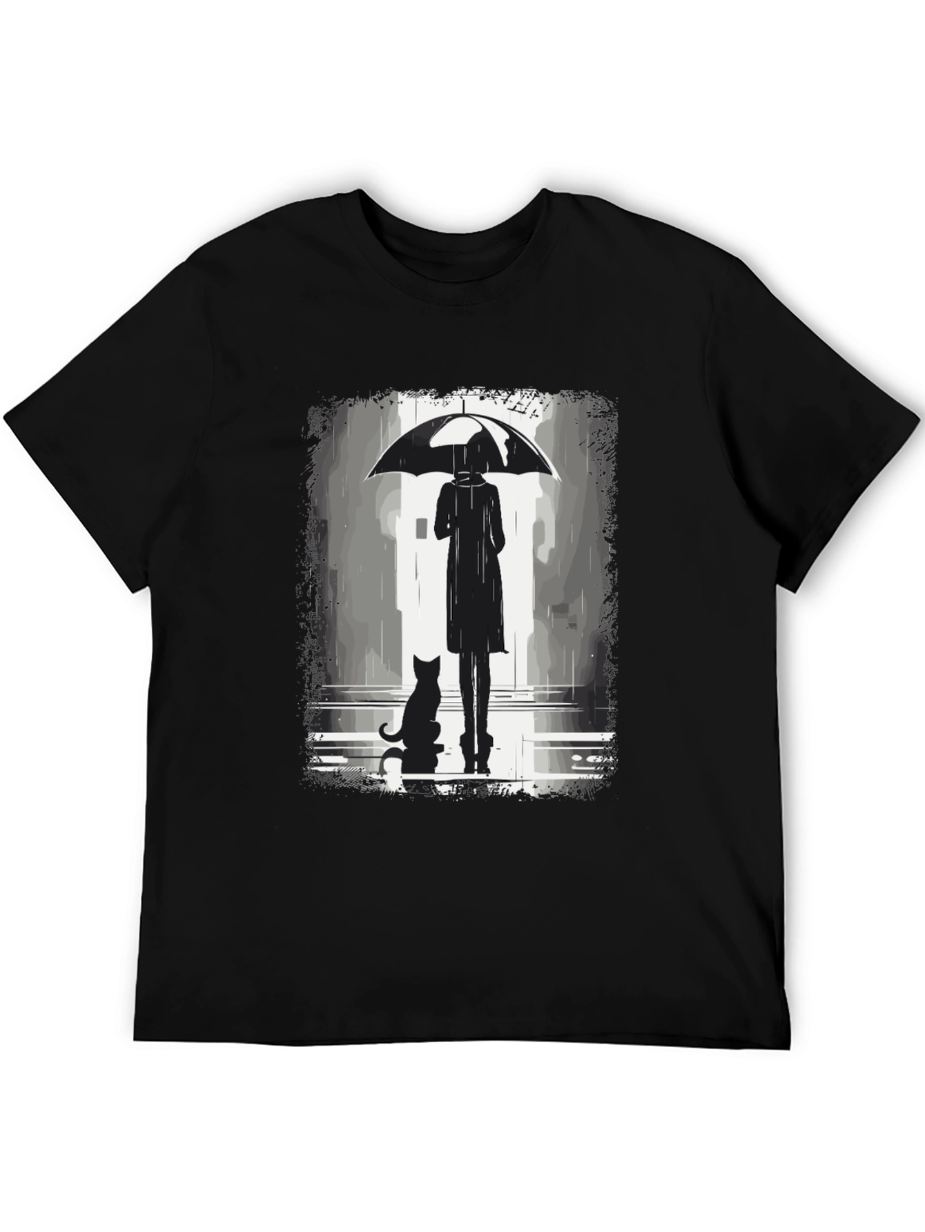 Rainy Day T-Shirt: Woman Cat & Umbrella