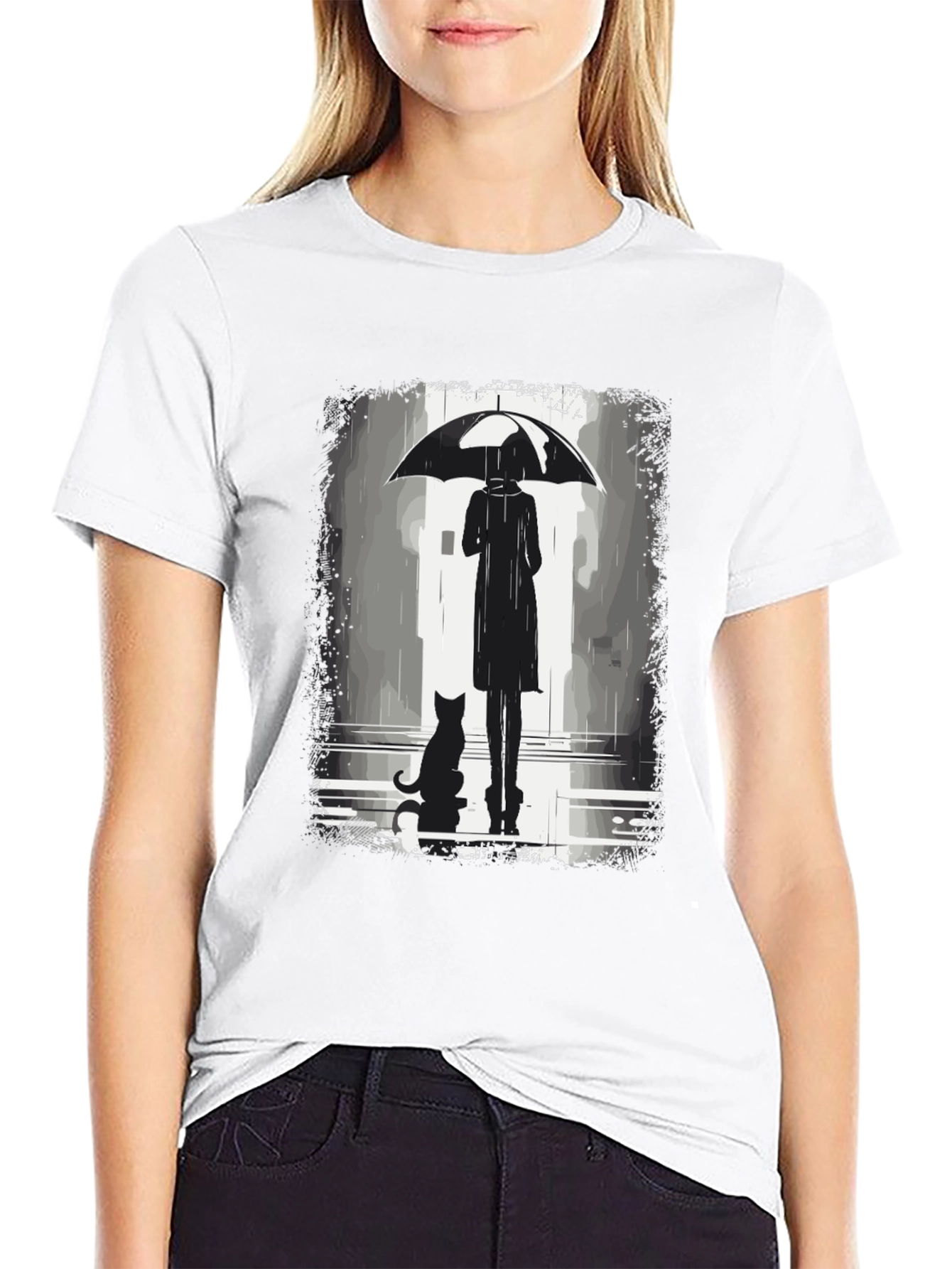 Rainy Day T-Shirt: Woman Cat & Umbrella