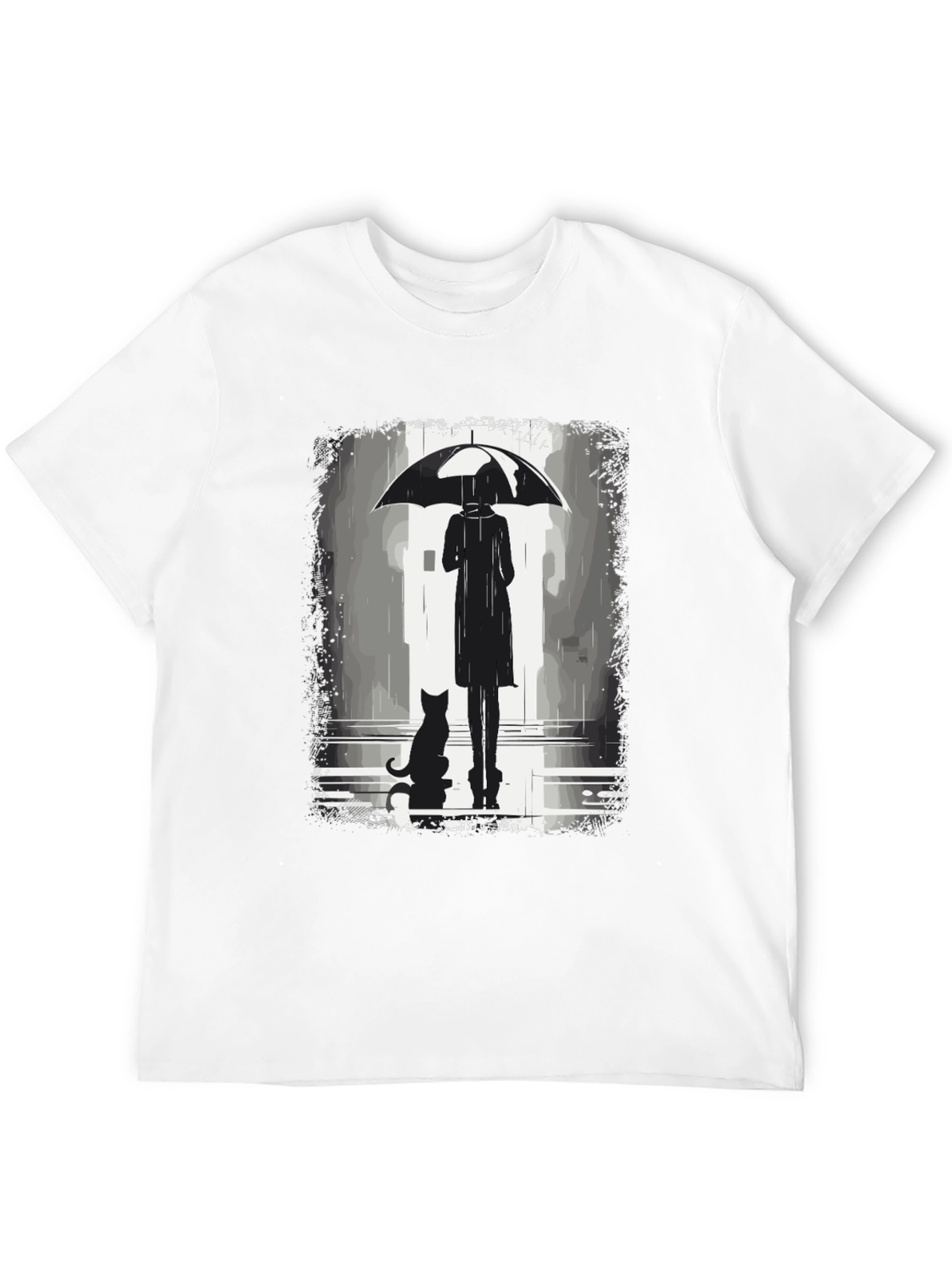 Rainy Day T-Shirt: Woman Cat & Umbrella