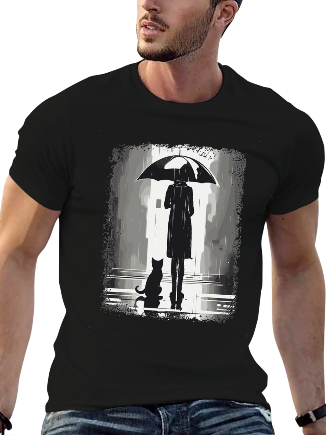 Rainy Day T-Shirt: Woman Cat & Umbrella